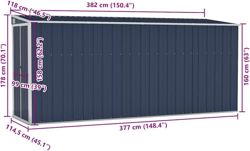 etezen Abri de Jardin Mural Anthracite 118x382x178 cm Acier,Maison & Jardin, Pelouses & Jardins, Vie en extérieur, Structures extérieures, Cabanes & abris de Jardin, Anthracite (Poids 47.9KG)