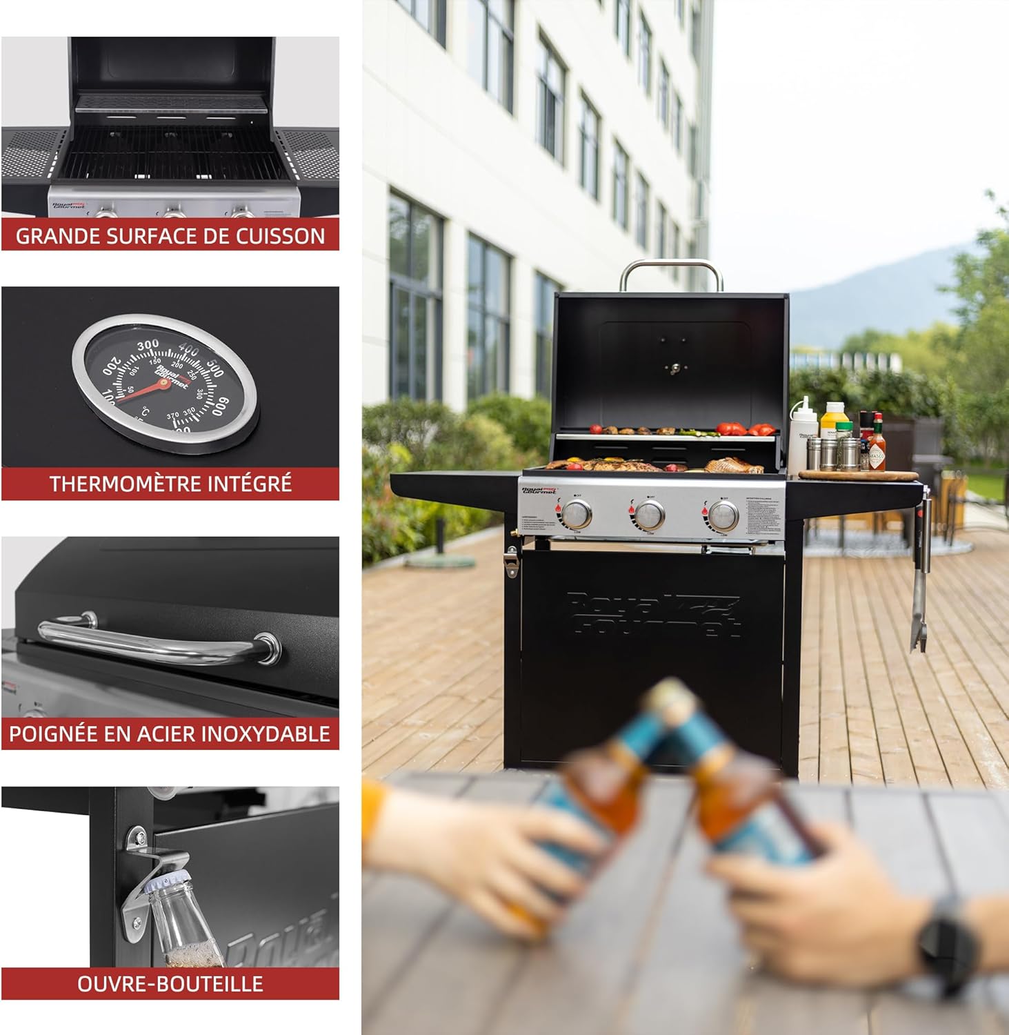 etezen – BBQ Gaz 3 brûleurs – 9kW – chariot, capot, grilles, jardin