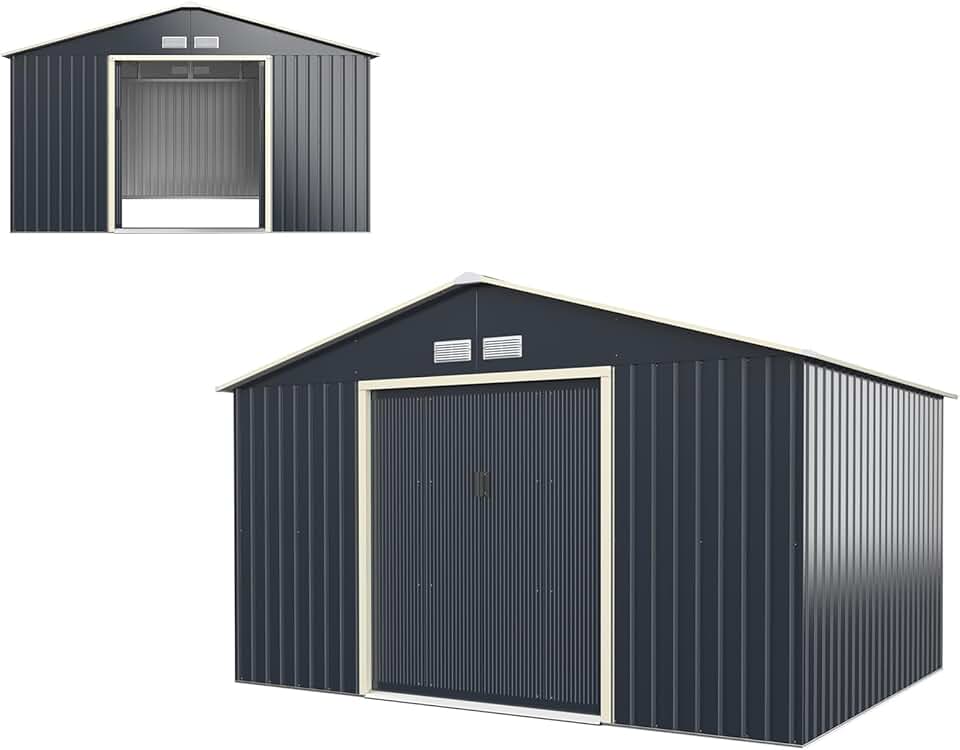 etezen Abri de Jardin en Métal Avec Toit à Pignon, 4 Fenêtres d'Aération et 2 Portes Coulissantes