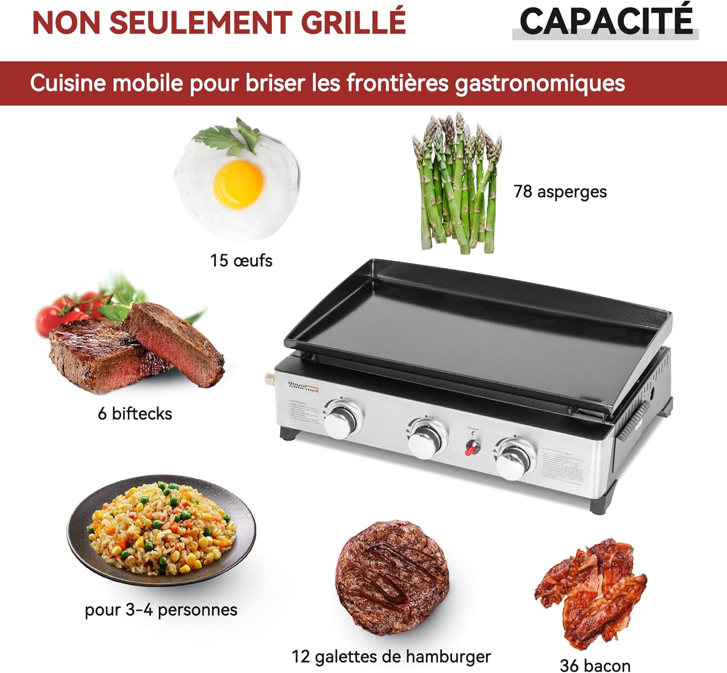 etezen - Plancha Gaz 3 brûleurs - 62x35,5 cm - acier émaillé, portable, 7.5kW