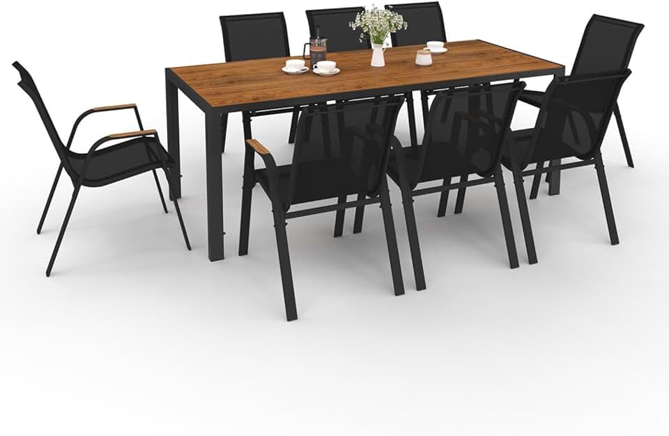 etezen - Noumea - Table 190 cm et 8 chaises empilables, plateau verre effet bois
