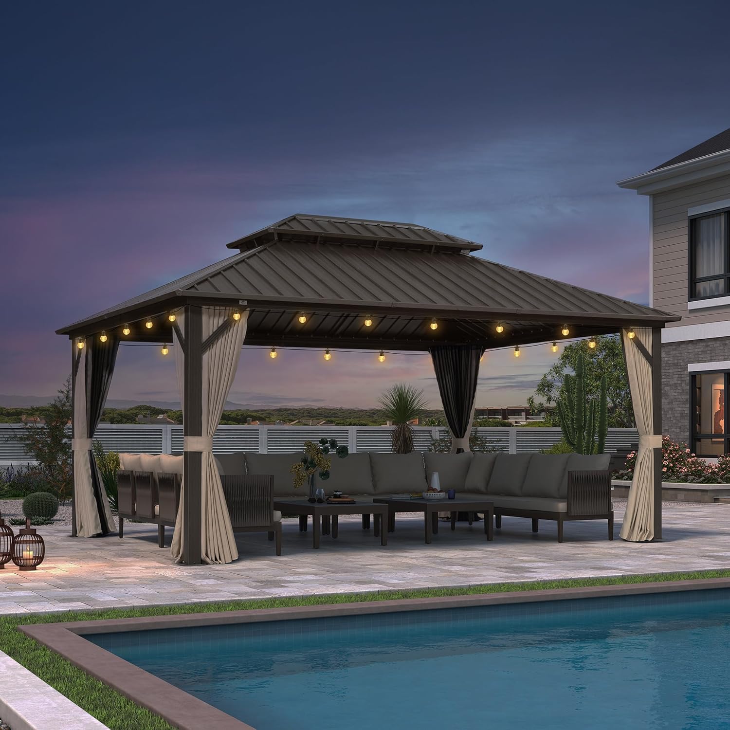 etezen - Pergola Toit Rigide - 4,85x3,65m - Aluminium, Rideaux, Guirlande