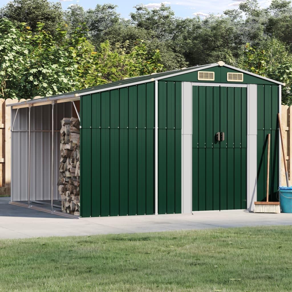 Abri de jardin en acier galvanisé - 277 x 279 x 179 cm - Vert - Avec support pour bois de chauffage et ouvertures d'aération - Pour outils de jardin - Rangement en extérieur