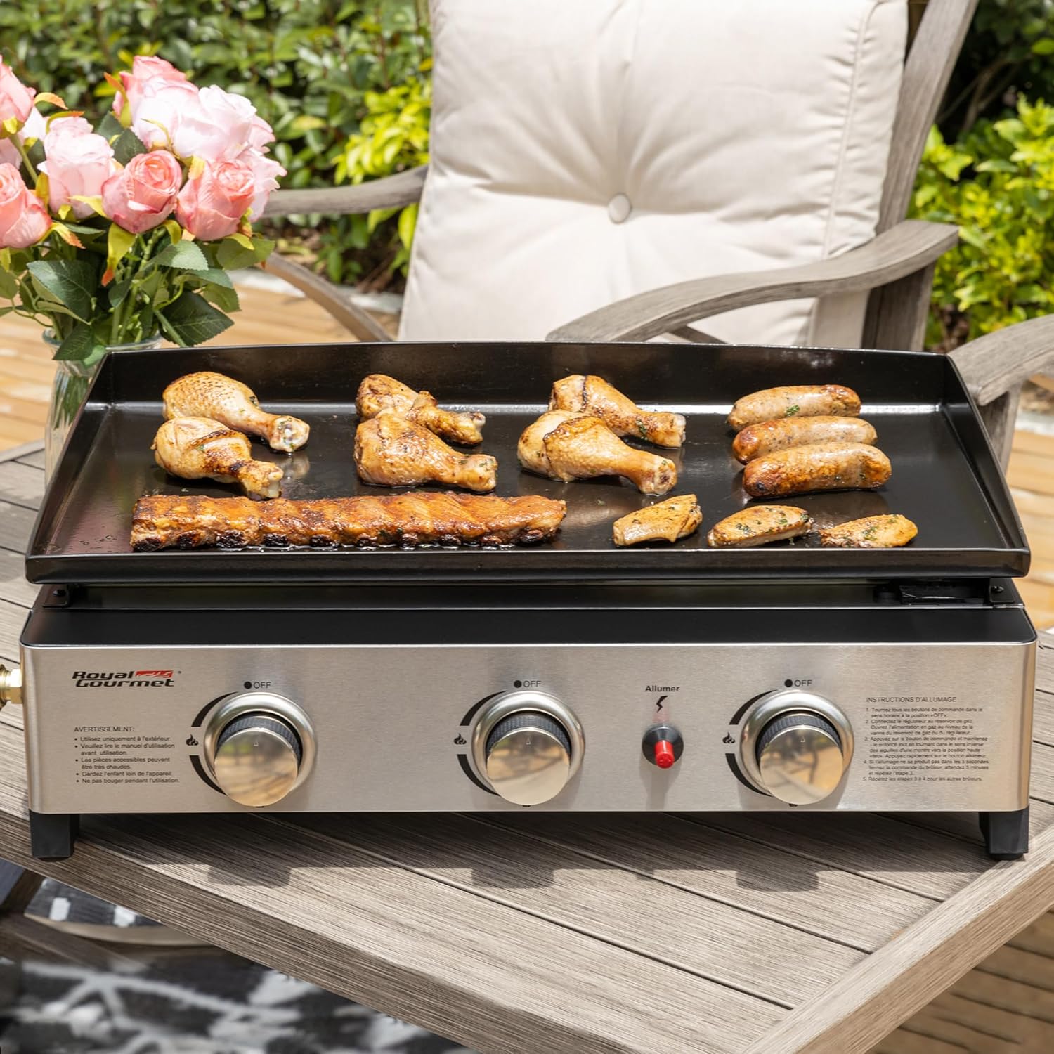 etezen - Plancha Gaz 3 brûleurs - 62x35,5 cm - acier émaillé, portable, 7.5kW