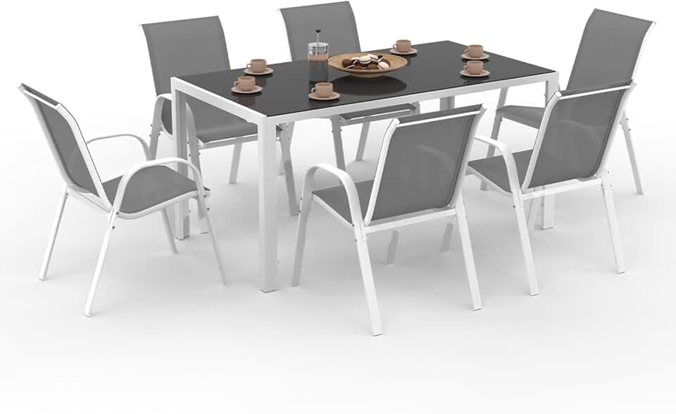 etezen - Madrid salon de jardin 150 cm, 6 chaises empilables, blanc/gris