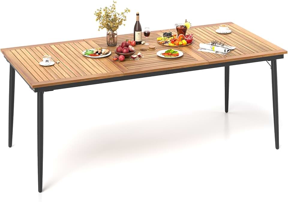 etezen - Table de jardin 8 personnes - 190x90cm - bois acacia, trou parasol 5cm, pieds métal, charge 75kg