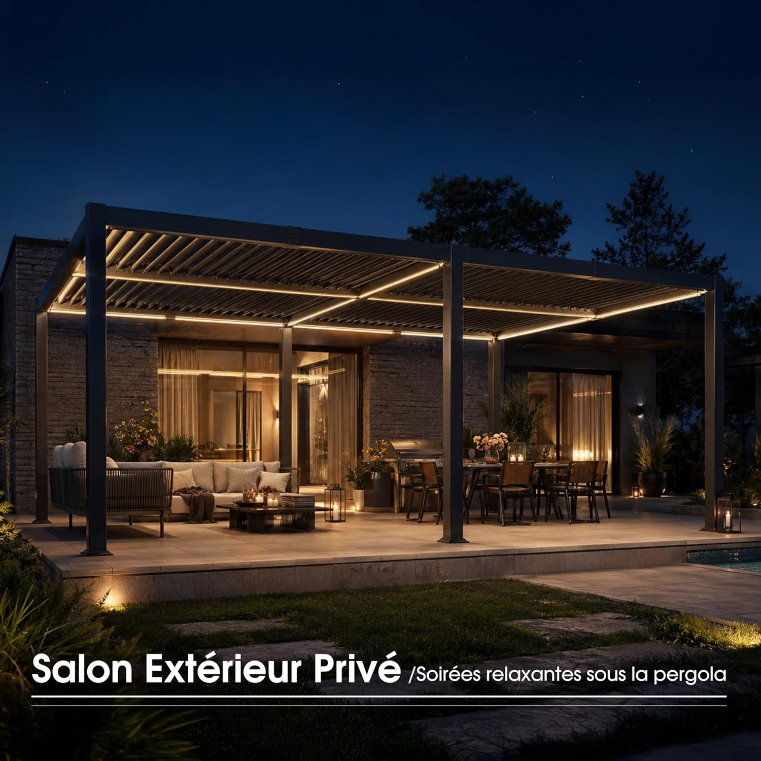 etezen - Pergola bioclimatique - 4x6m - alu lames LED gris