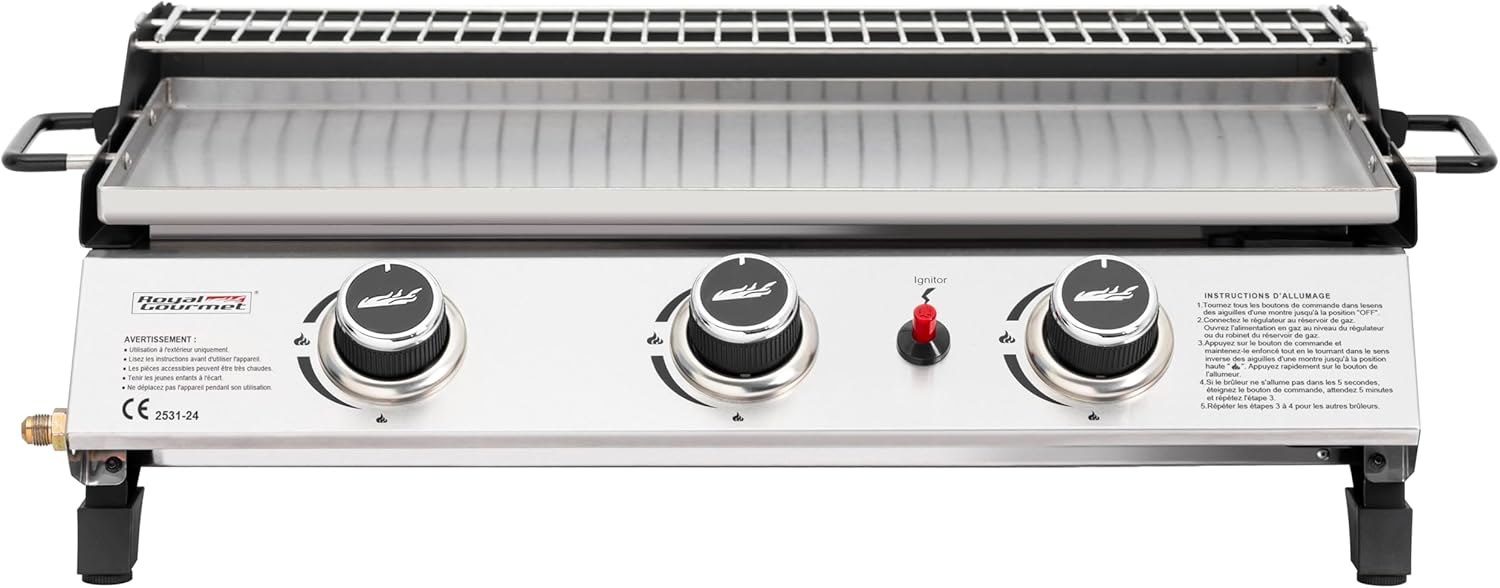 etezen - Plancha gaz inox 3 brûleurs 61,5x32cm, 7,5kW, usage extérieur