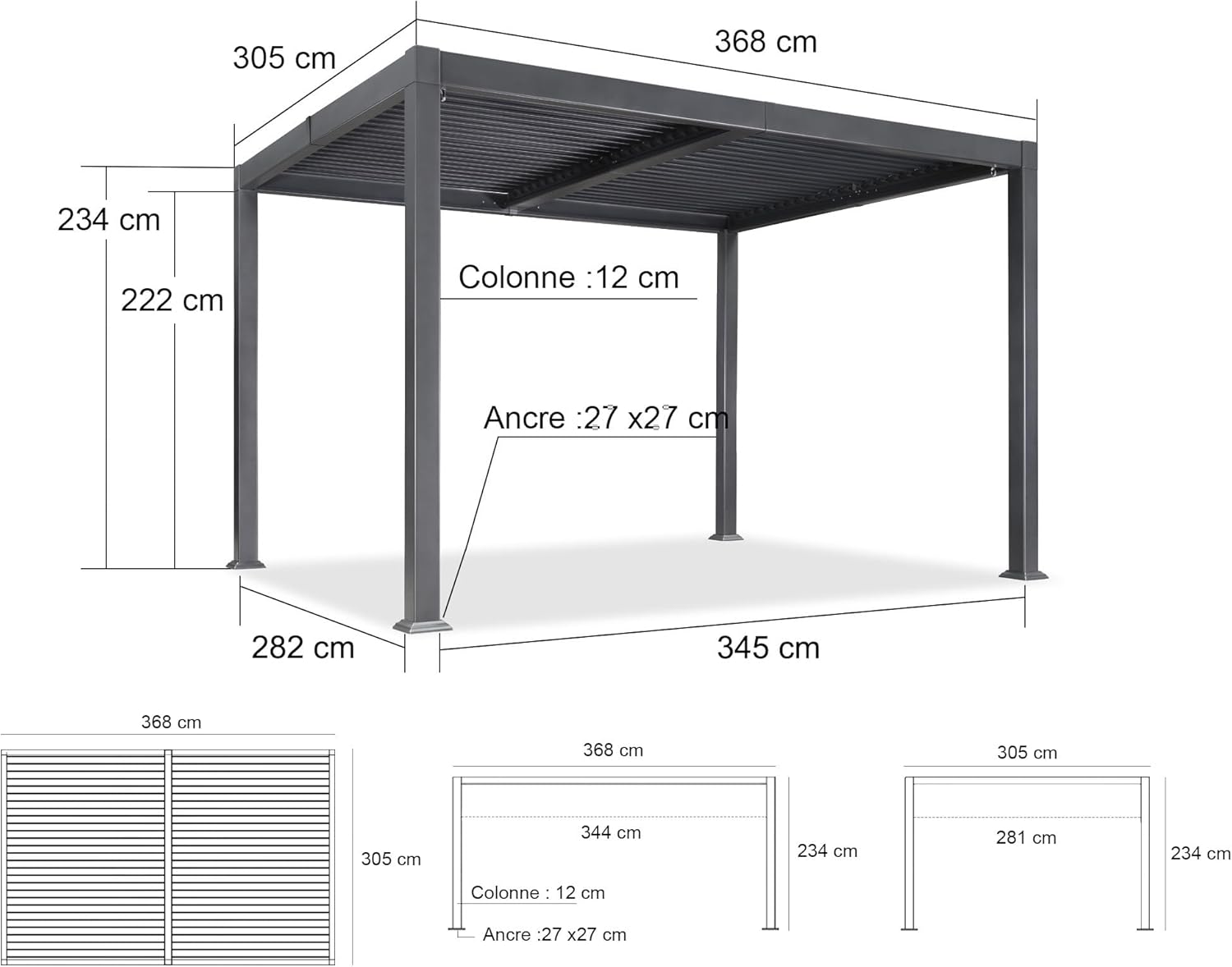 etezen - pergola bioclimatique - 3x3,65m - aluminium, lames orientables, gris