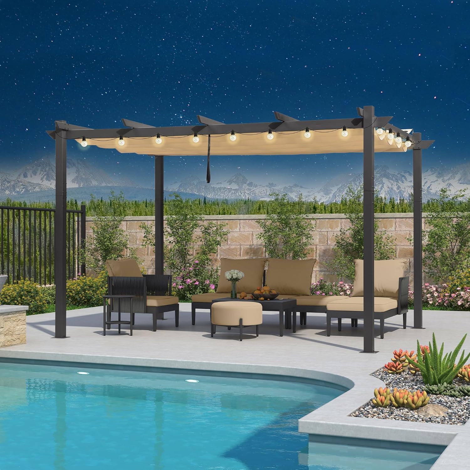 etezen - Pergola aluminium 4x3m, toit rétractable, éclairage intégré