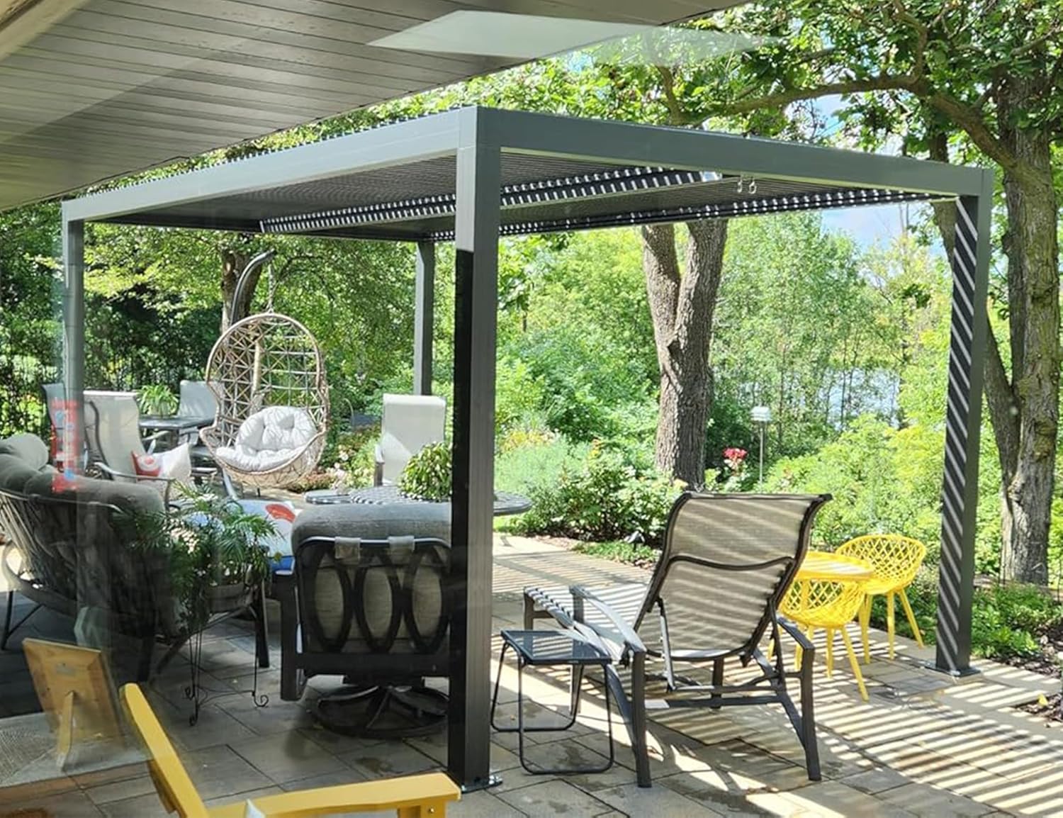 etezen - Pergola bioclimatique - 4,8x3 m - stores enrouleurs, lames orientables, gris