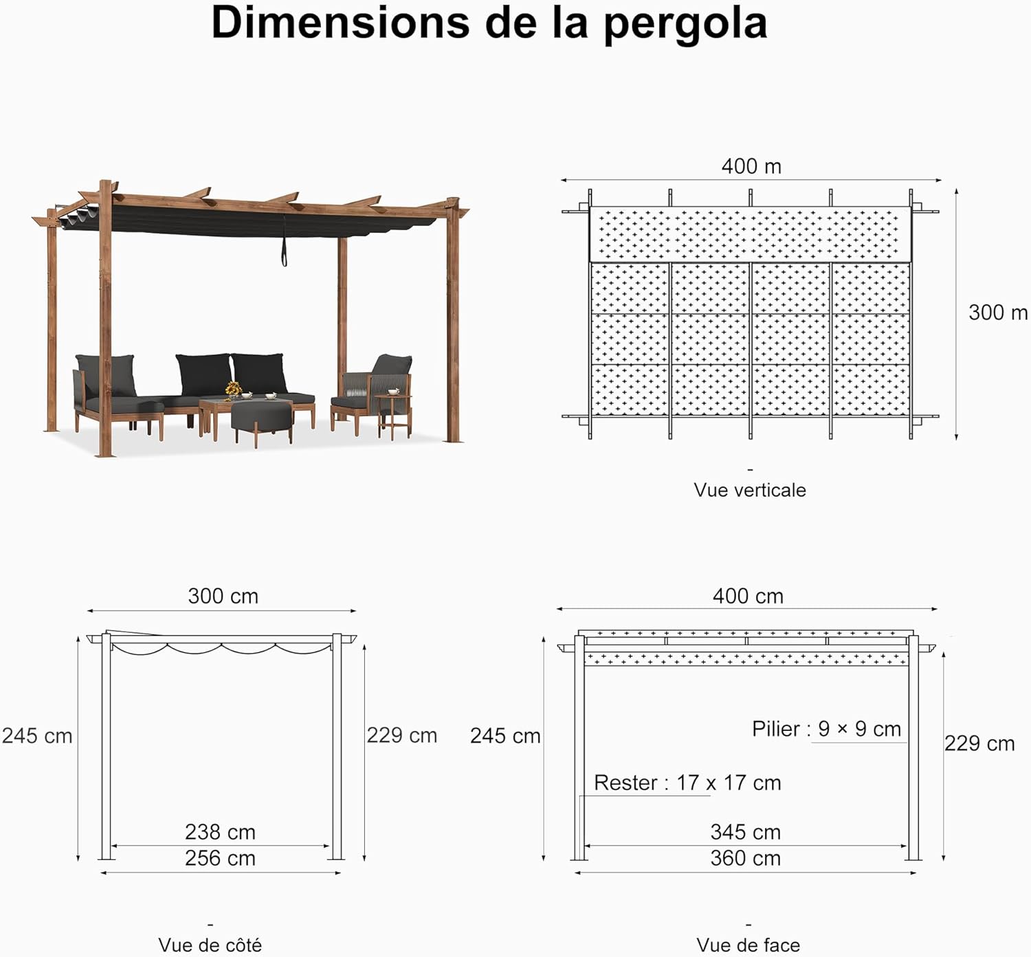 etezen - Pergola aluminium - 4x3m - toile rétractable, teck, imperméable