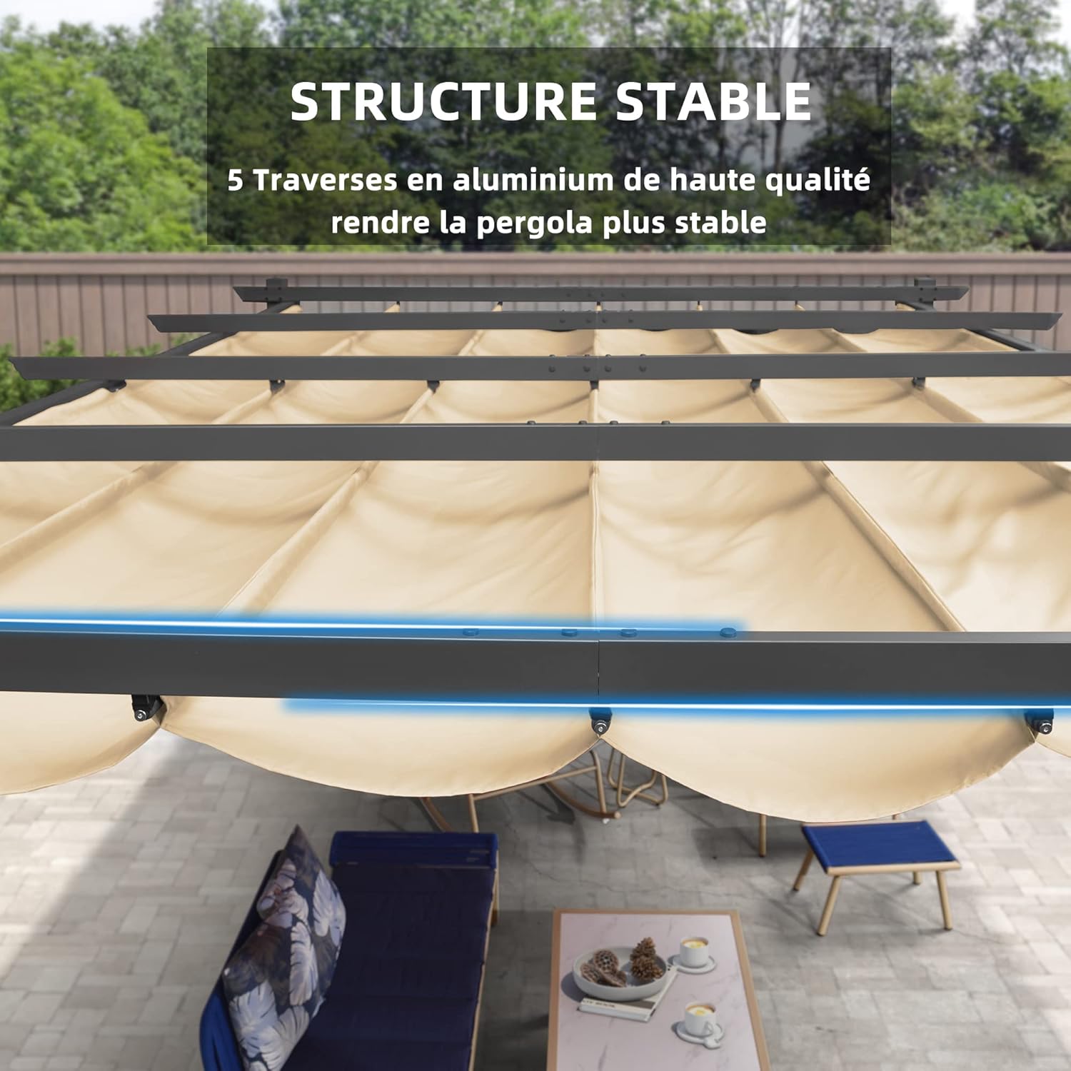 etezen - Pergola aluminium LED, toit rétractable, 4x3m, kaki