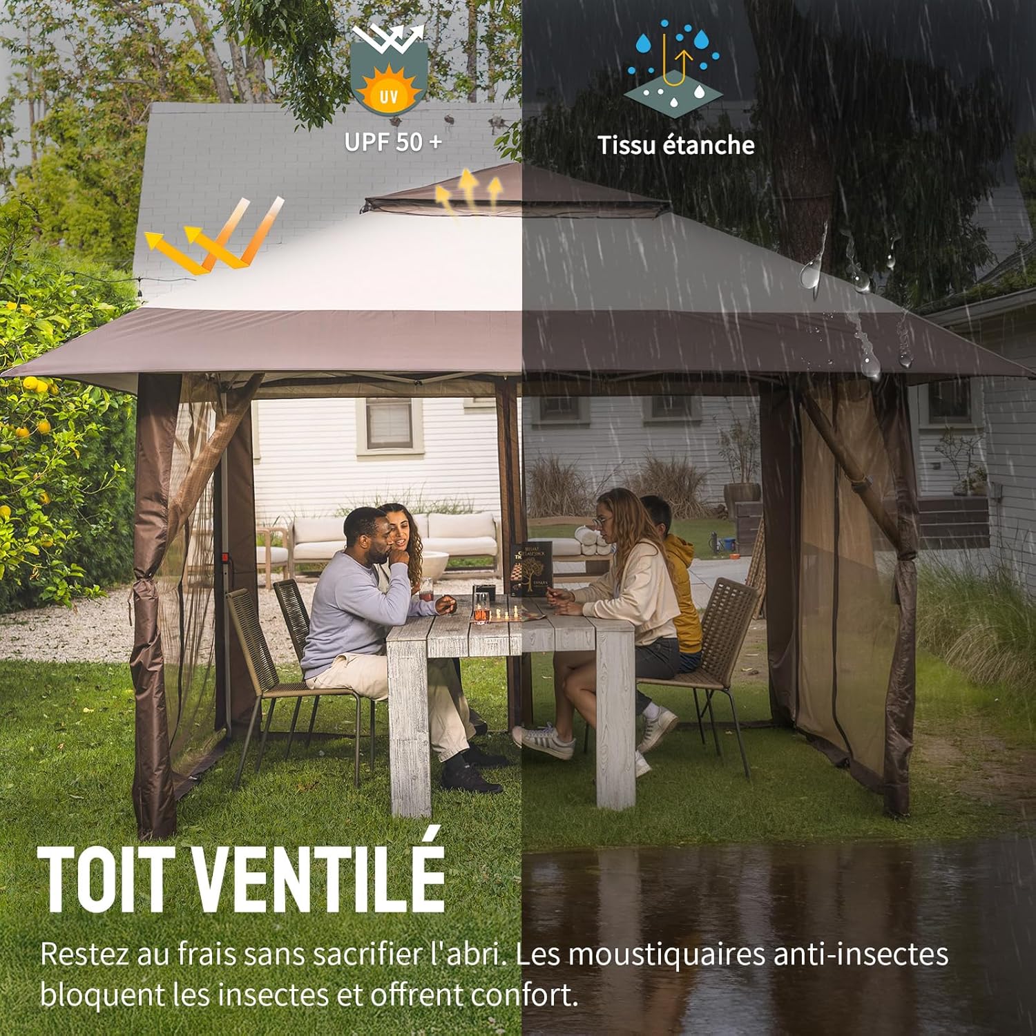 etezen Tonnelle de Jardin 4 x 4 m, Pop Up Gezebo Exterieur Imperméable, Abri de Jardin Réglable en Hauteur, Double Toit avec Côtés en Maille Zippée, Sac de Transport, Beige