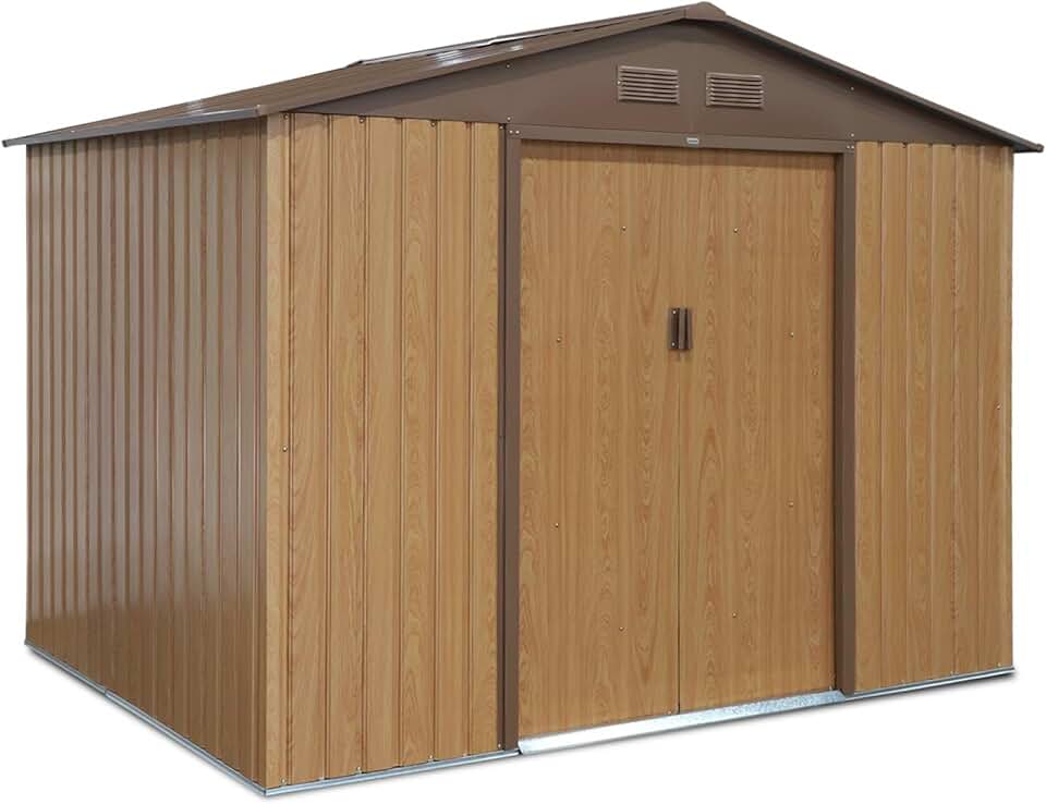 etezen - Abri de Jardin en métal - FERRAIN 5.29m² Couleur chêne - Cabane à Outils avec Deux Grandes Portes coulissantes. kit de Fixation Sol Inclus. Maison de Rangement. Remise