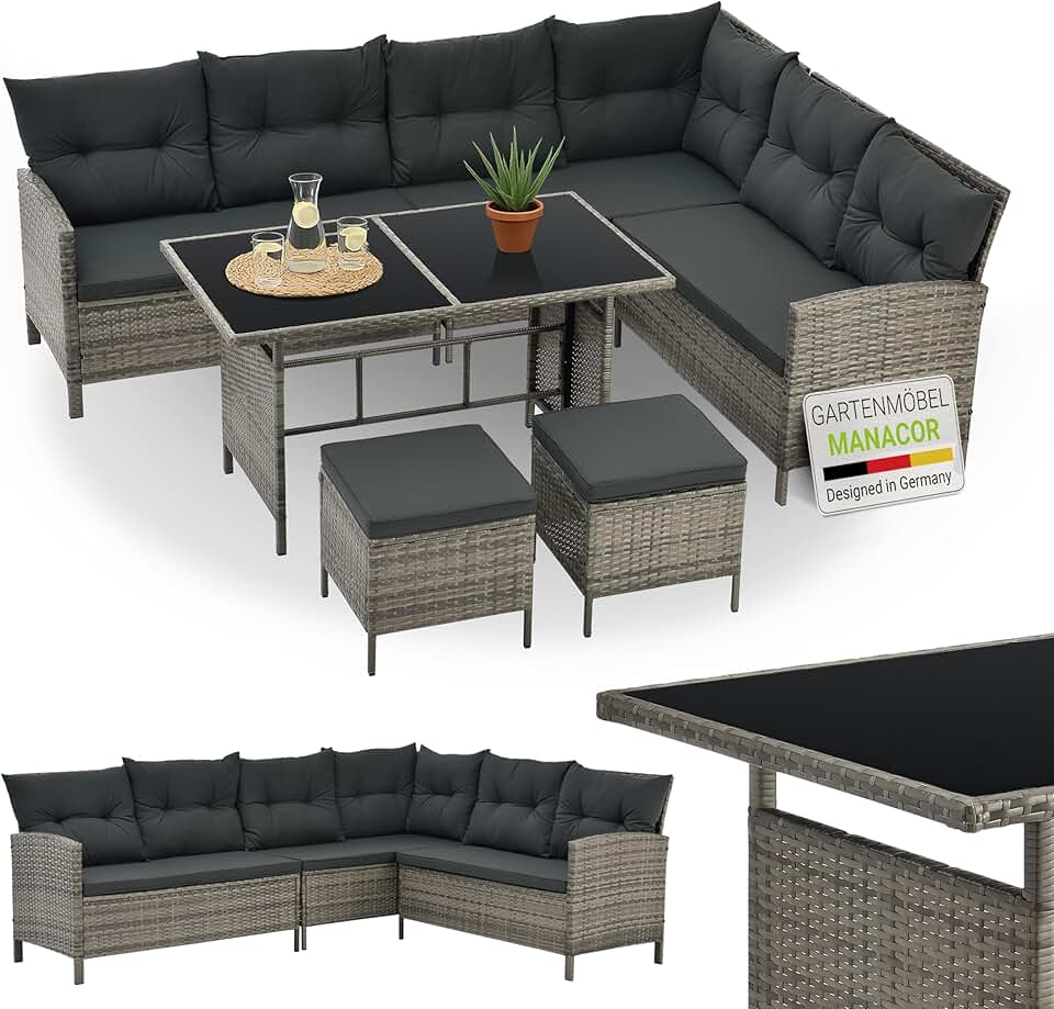 etezen - Salon de Jardin Manacor - 7 places - Canapé, table, tabourets, coussins, housses, polyrotin gris