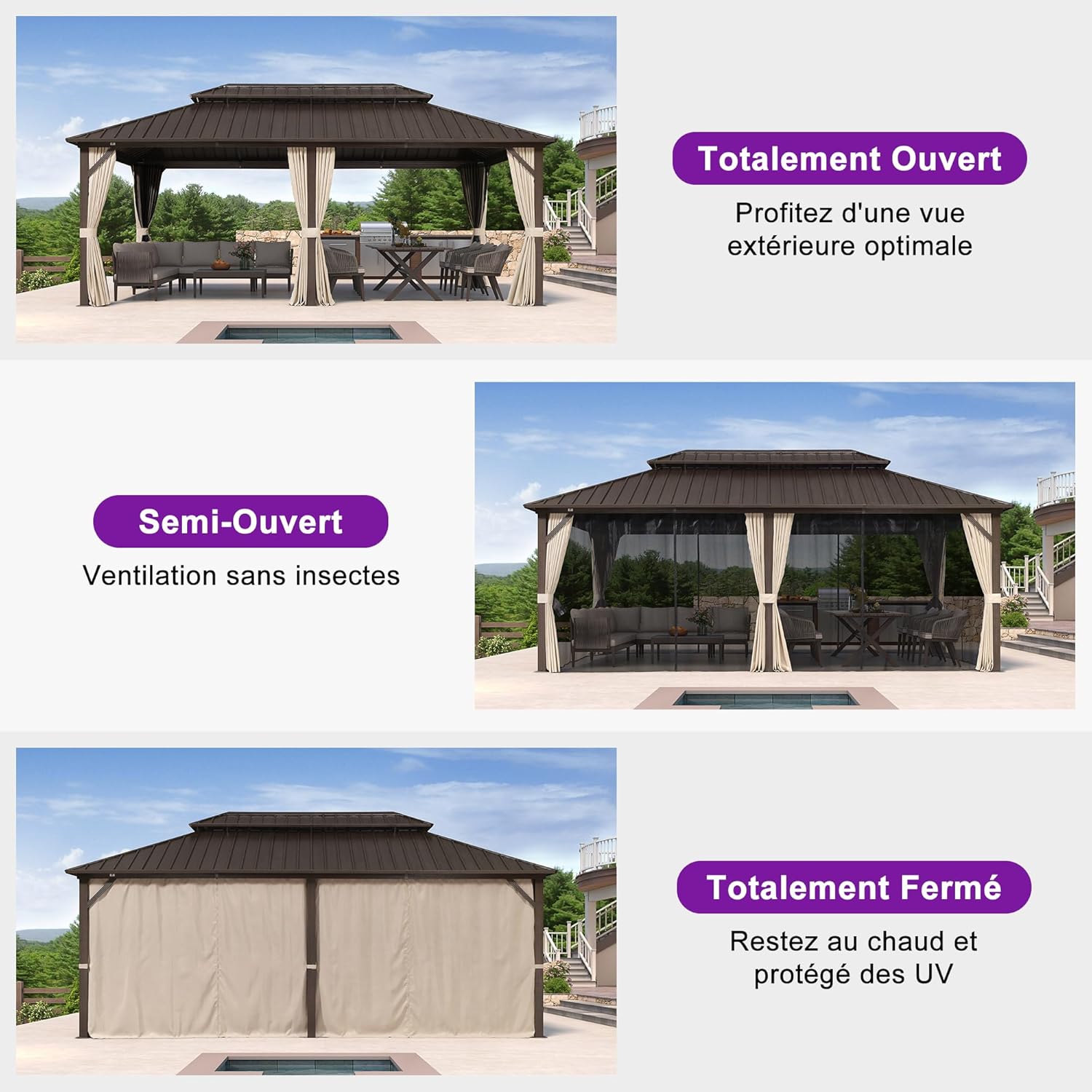 etezen - pergola double toit rigide 6x3,65m, aluminium, guirlande, rideaux