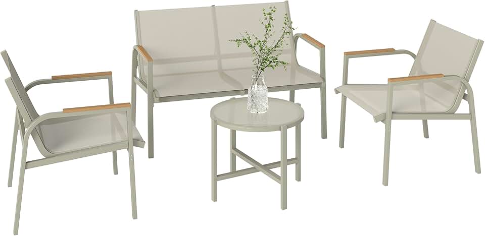 etezen - Salon de jardin 4 pièces textilène - 2 places, 2 fauteuils, table verre, vert
