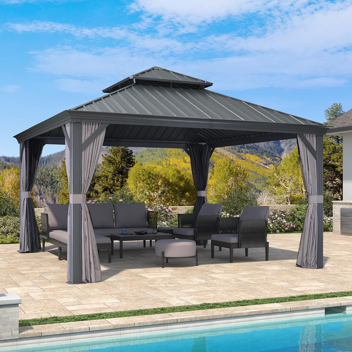 etezen - tonnelle double toit acier 4x4m, rideaux, moustiquaire