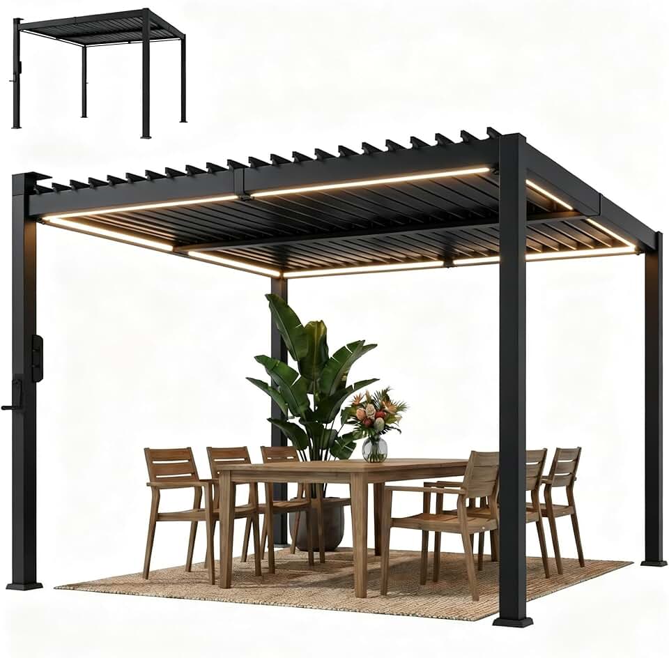 etezen - Pergola bioclimatique 3x3m - LED solaires, lames orientables, toit métal, gouttières
