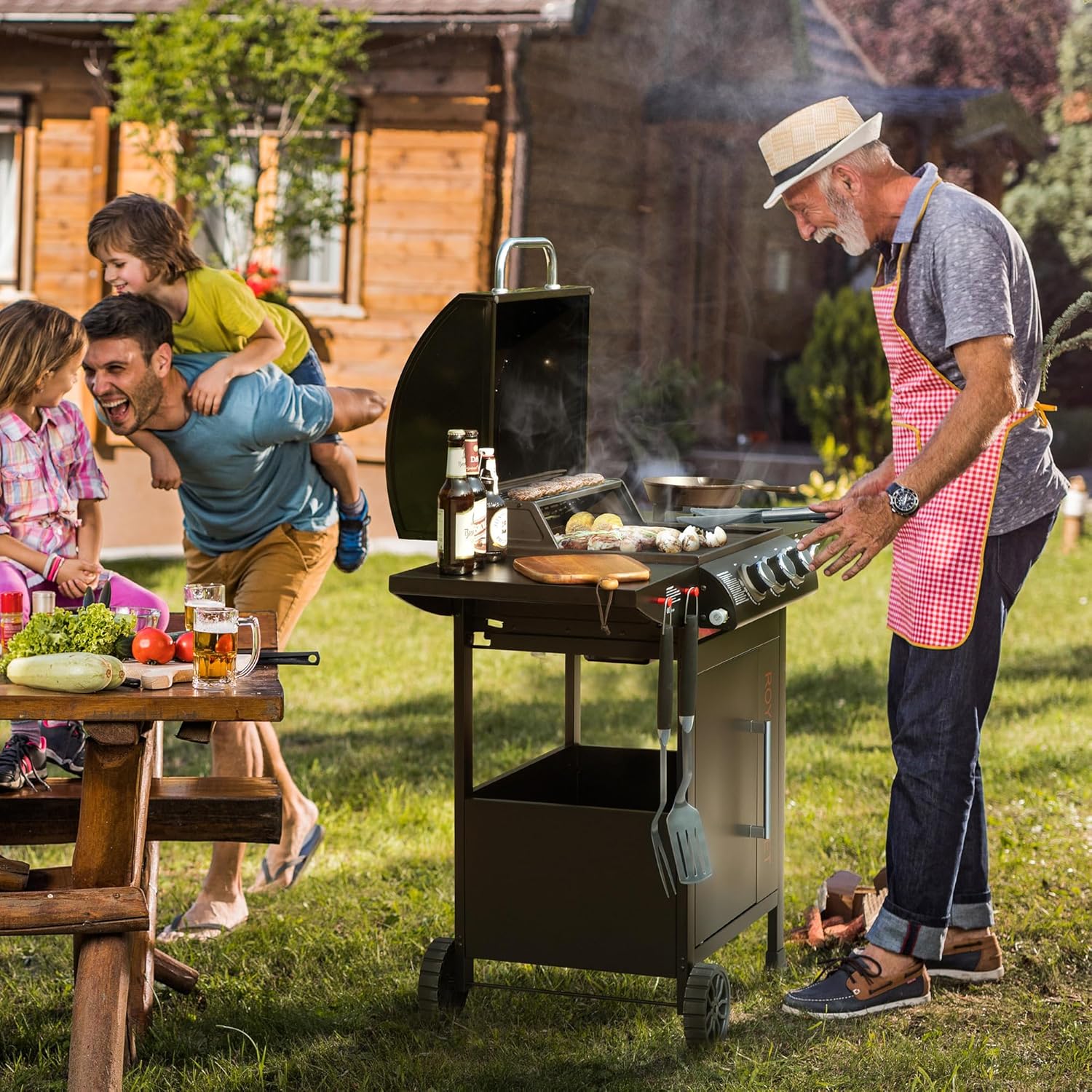 etezen - barbecue gaz 3+1 brûleurs inox - 11,5 kW - chariot, 2 roues, thermomètre