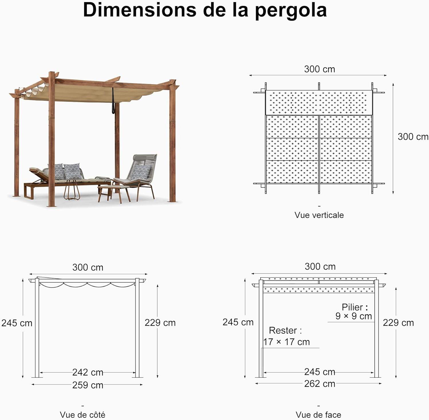 etezen - pergola aluminium - 3x3m - teck, toile rétractable, kaki