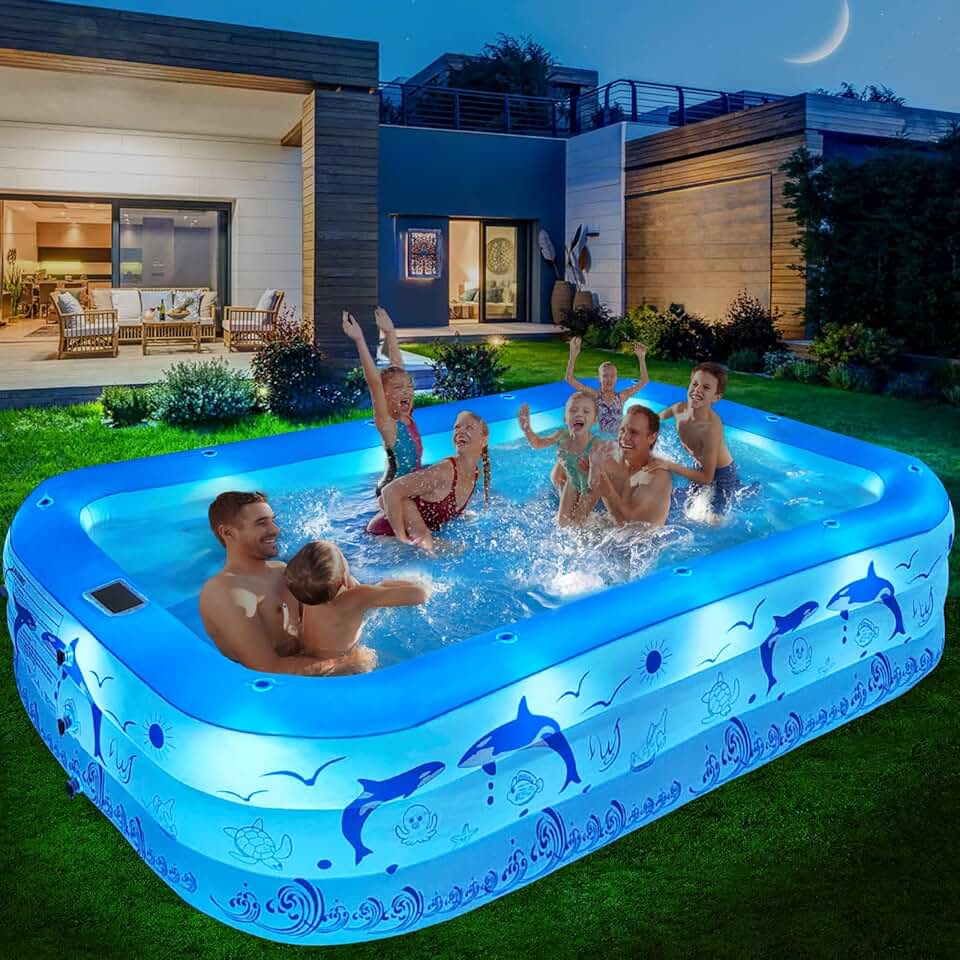 etezen Piscine Gonflable Adulte avec Lumières, Solaire Familiale Piscines Gonflables Rectangulaire avec 12 Mode D'éclairage,240x150x55CM Grande Piscine Gonflable Enfant, Pataugeoire Bebe pour Jardin