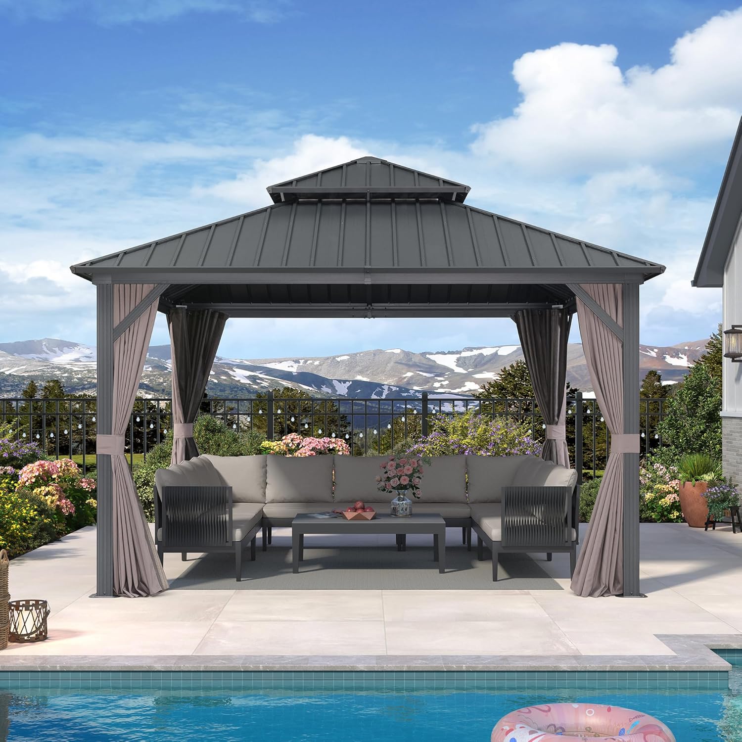 etezen - Pavillon jardin double toit alu 3,65x3,65m, rideaux, moustiquaire
