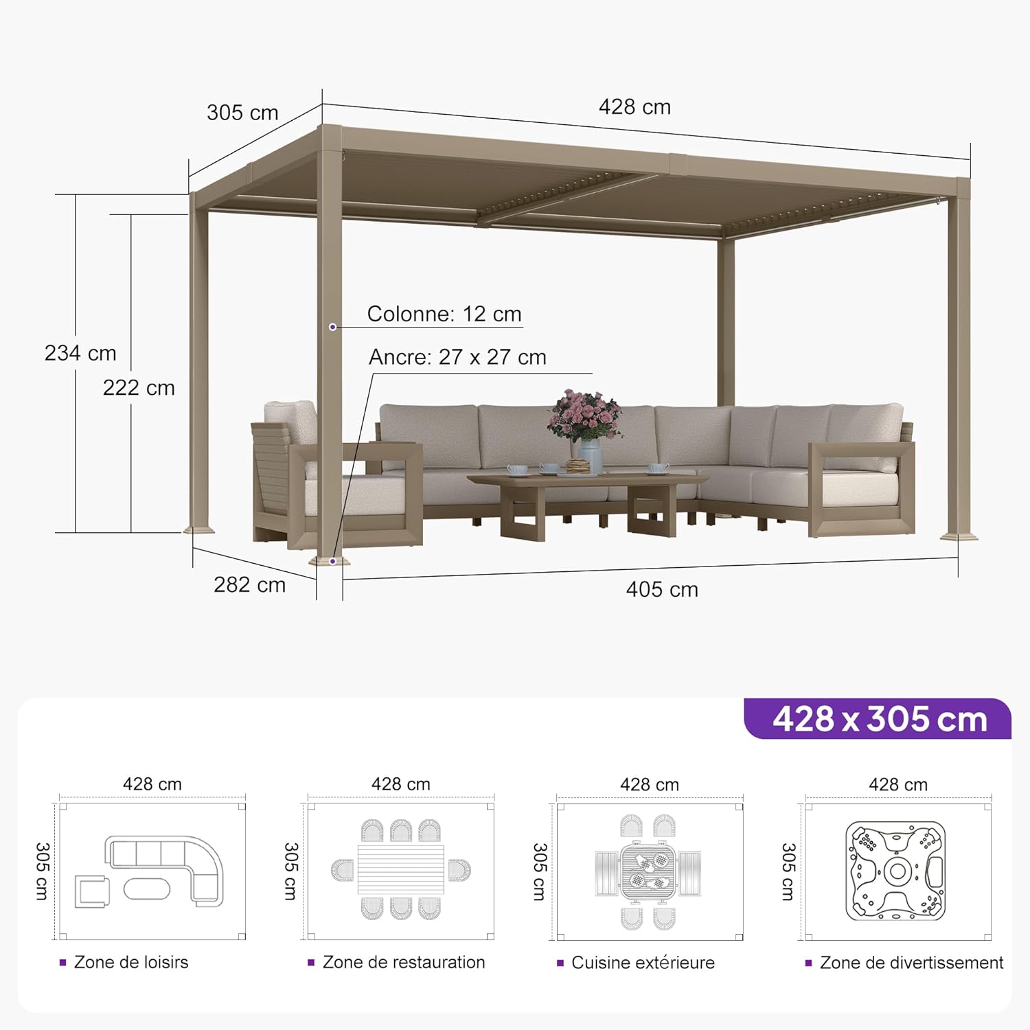 etezen - pergola bioclimatique LED - 3x4,25m - aluminium, lames orientables, anti-UV, sans entretien