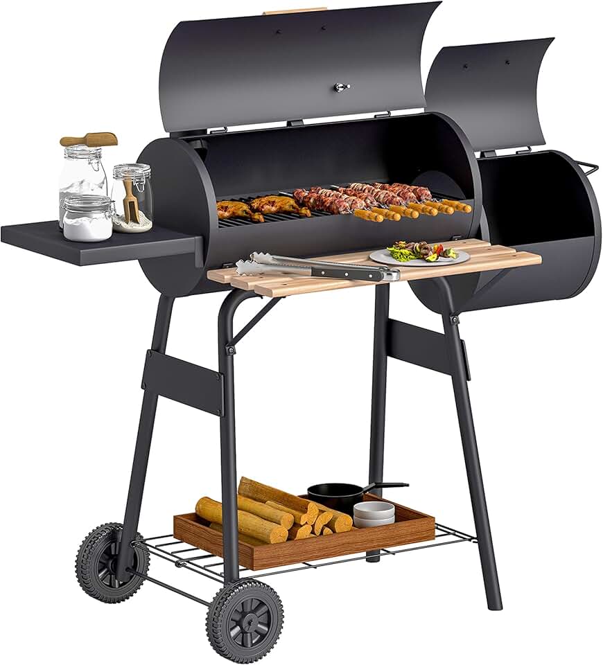 etezen - barbecue fumoir sur pied - acier noir - roulettes, étagères, thermomètre