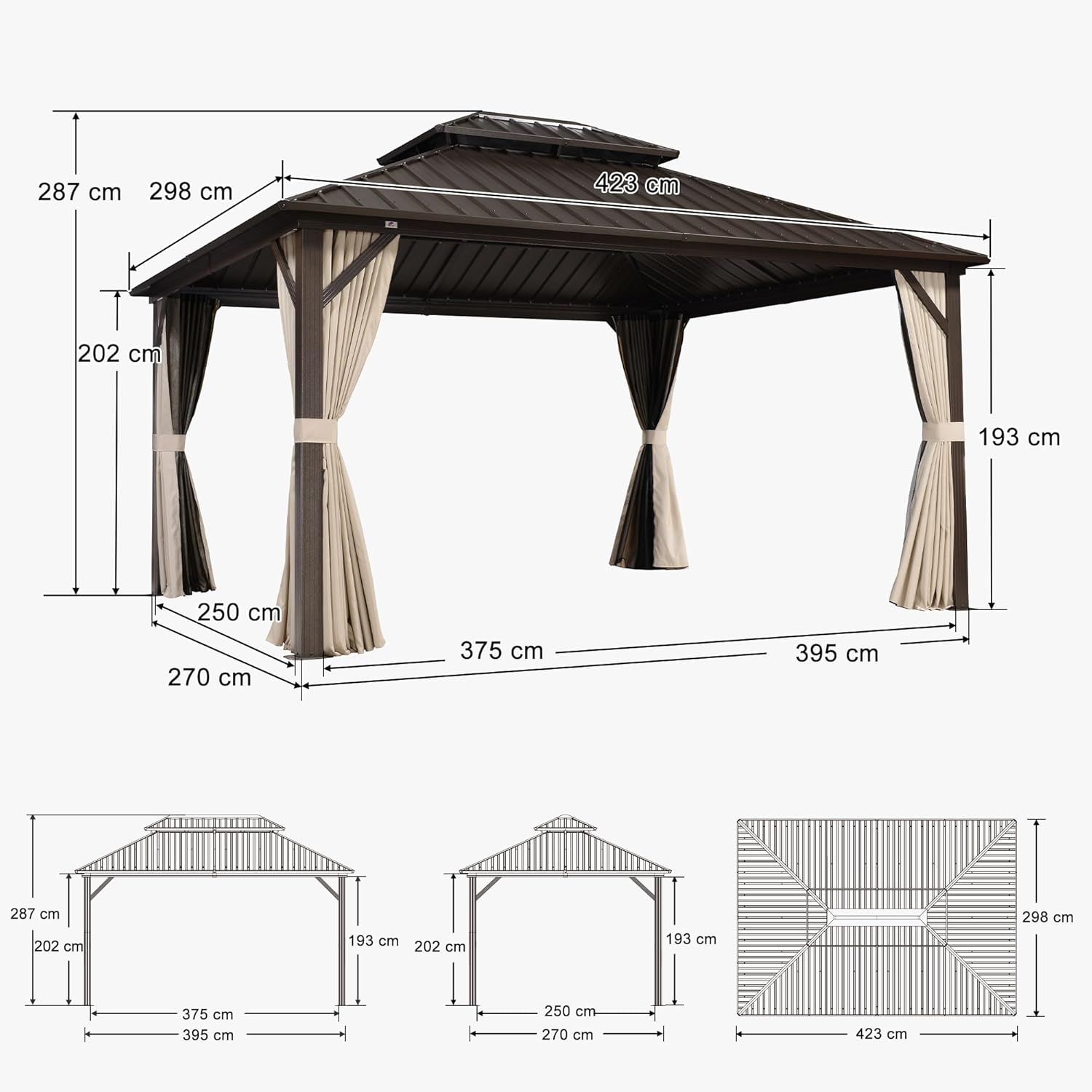 etezen - Pergola toit rigide - 4,25x3m - acier, aluminium, guirlande