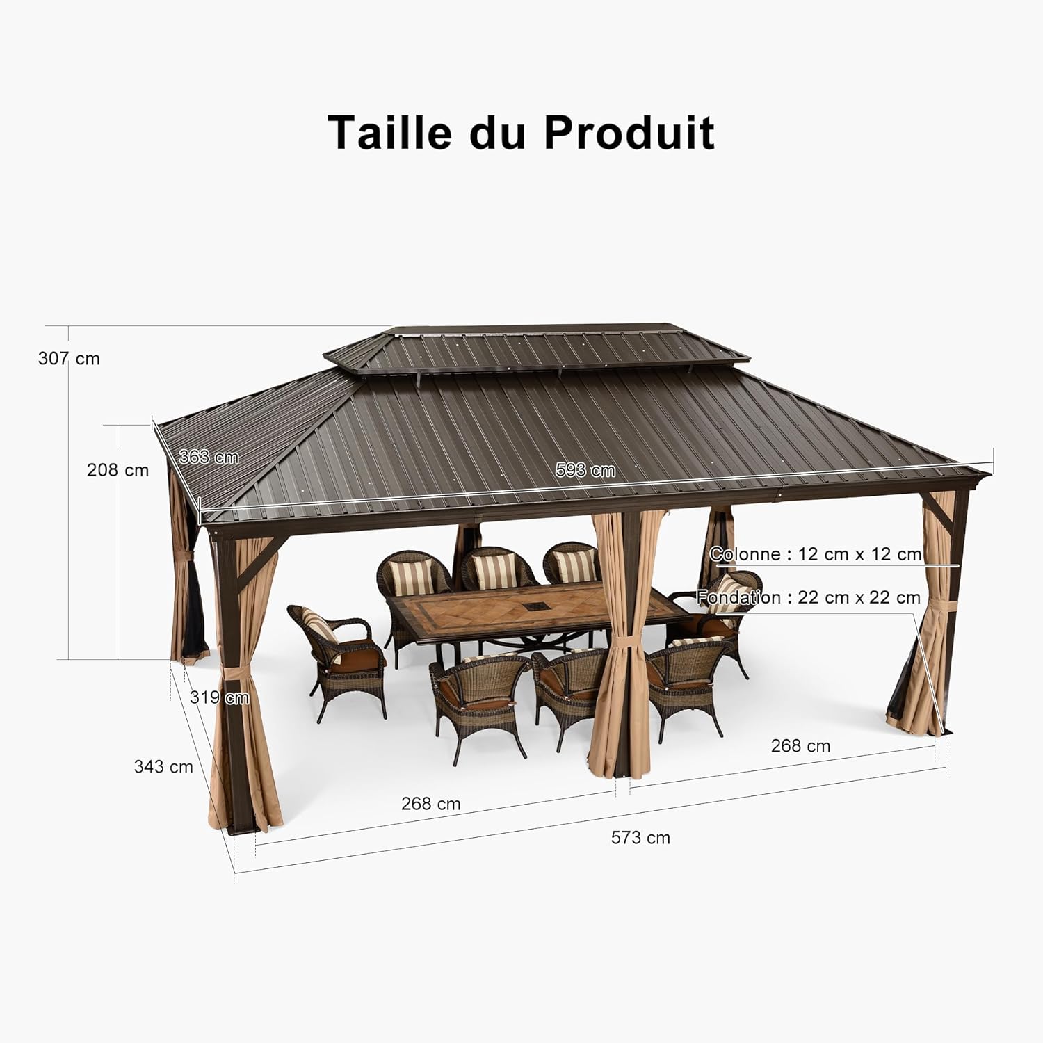 etezen - tonnelle jardin extérieur - 6x3,65m - alu, éclairage, rideaux, gouttière, poteaux renforcés, bronze