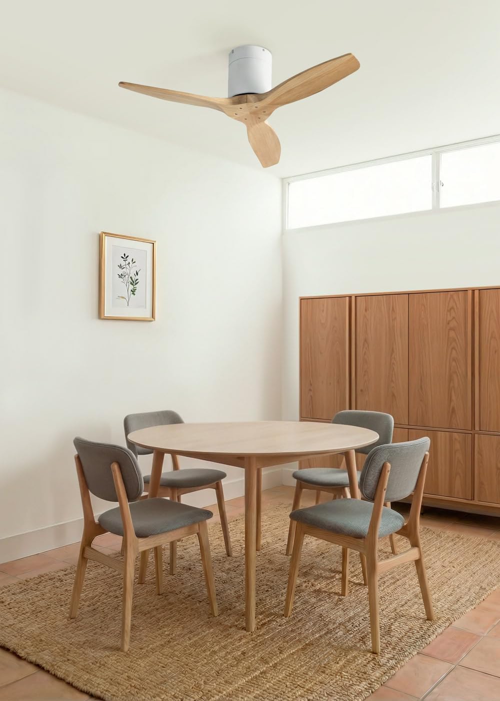 CREATE WINDCALM S Ventilateur de plafond ABS blanc, pales effet bois clair avec télécommande, 40 W, silencieux, Ø112 cm, 6 vitesses, minuteur, fonction été/hiver
