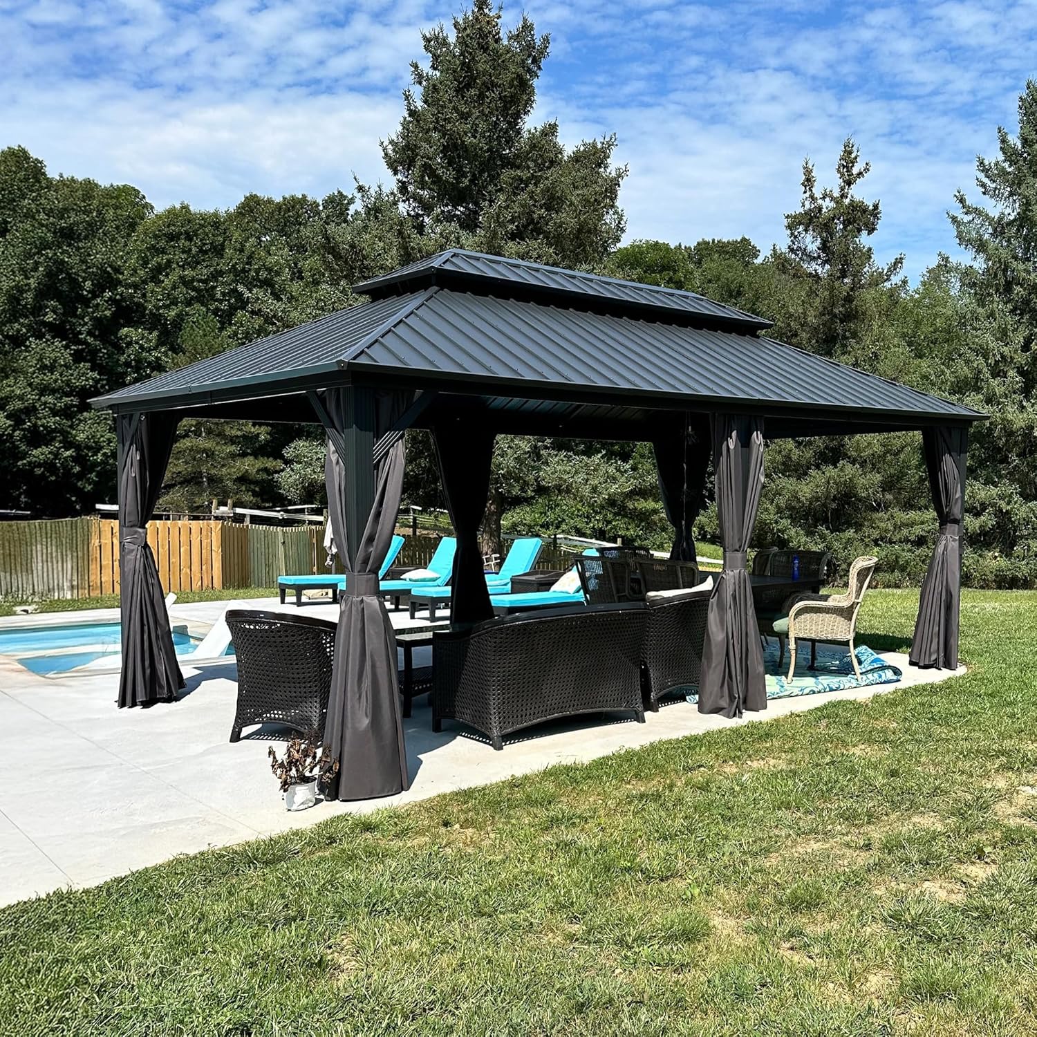 etezen - Tonnelle double toit rigide, 6 x 3,65 m, moustiquaire, aluminium, gris