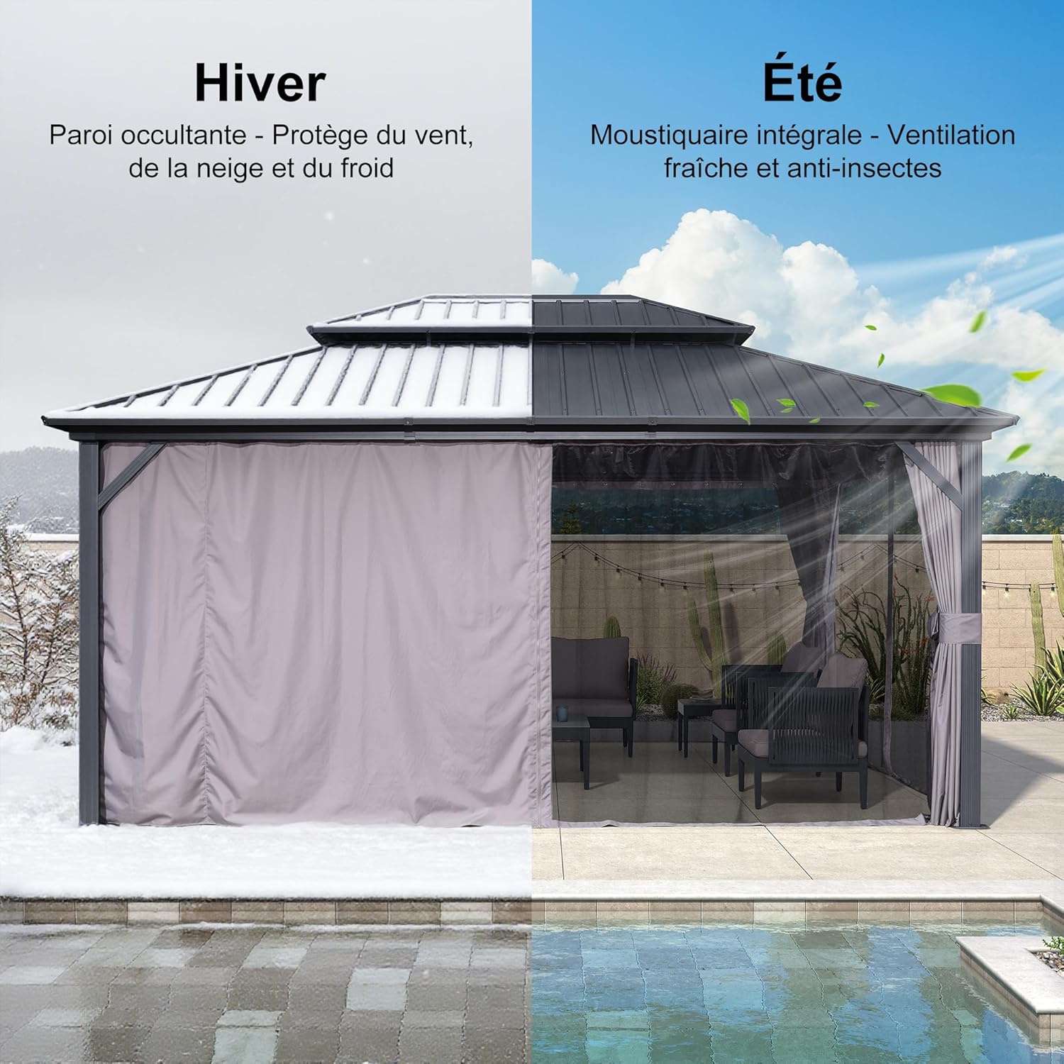 etezen - pergola série double toit - 4,85x3,65 m - alu acier, rideaux, moustiquaire