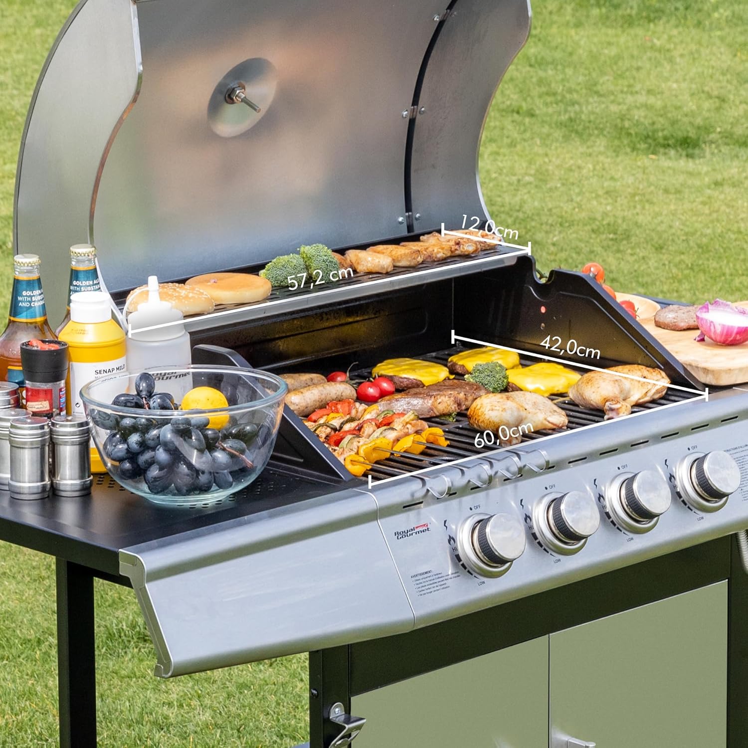 etezen - Barbecue Gaz 4+1 brûleurs inox - 14,5kW - 2 portes, thermomètre, roues directionnelles