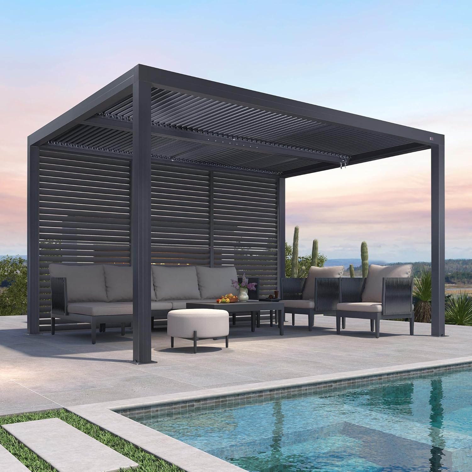 etezen - Pergola bioclimatique 4x3,3m alu, lames orientables, gris