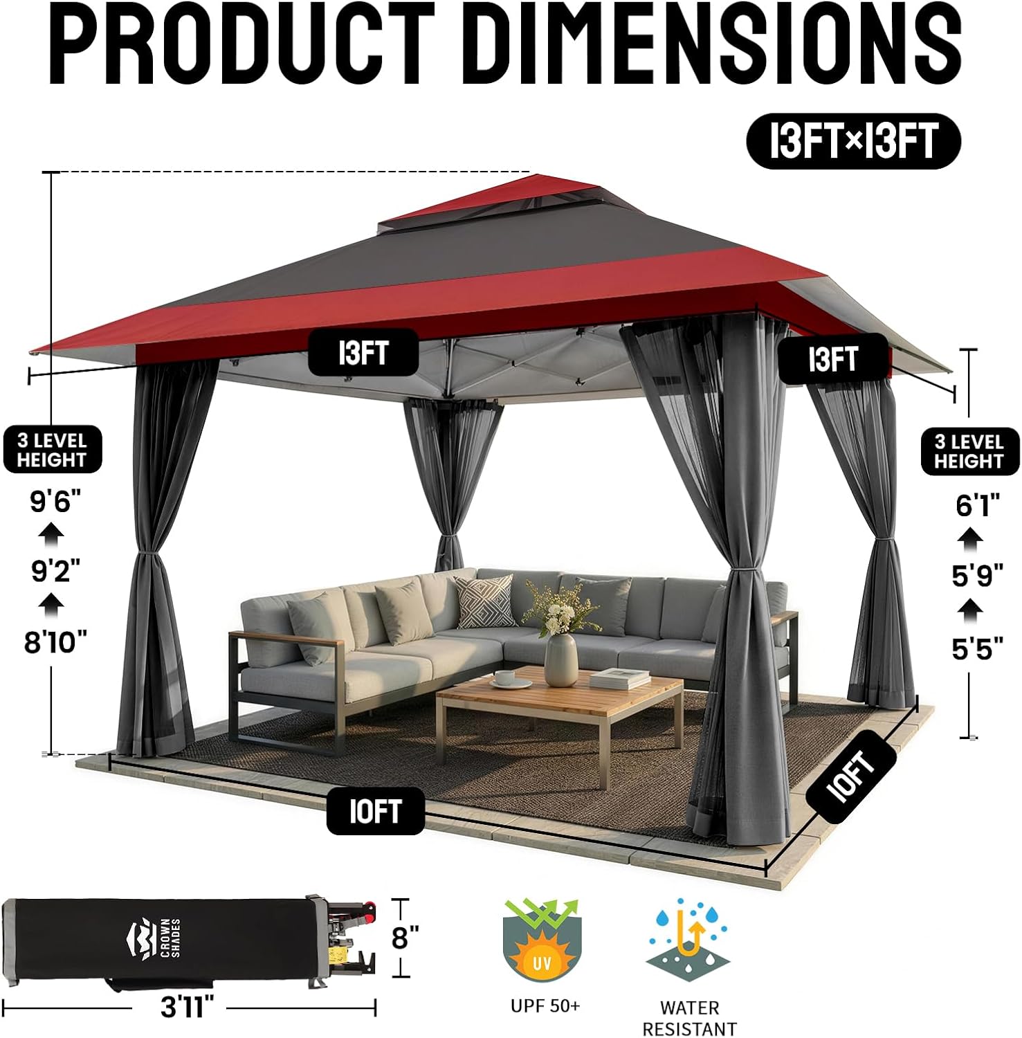 etezen - tonnelle série pop up - 4x4m - imperméable, hauteur réglable, double toit, côtés zippés, sac transport