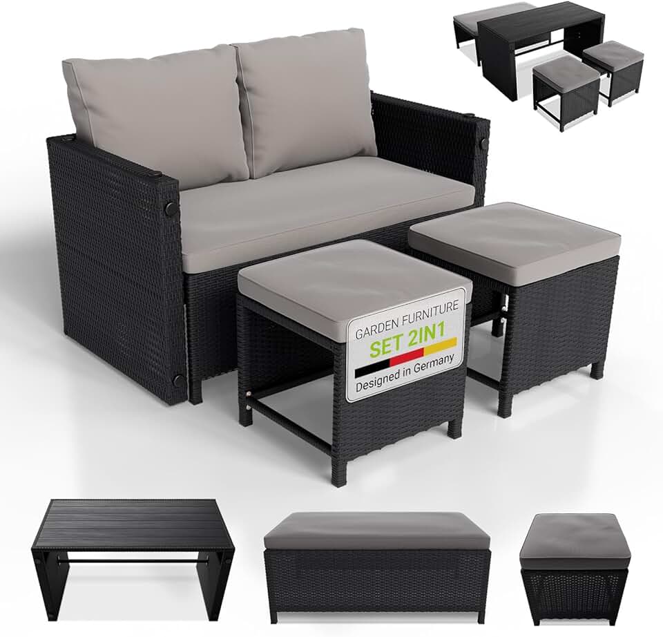 etezen - Jamaika 2 en 1 - table, banc, 2 tabourets, coussins lavables, noir gris, jusqu'à 4 personnes