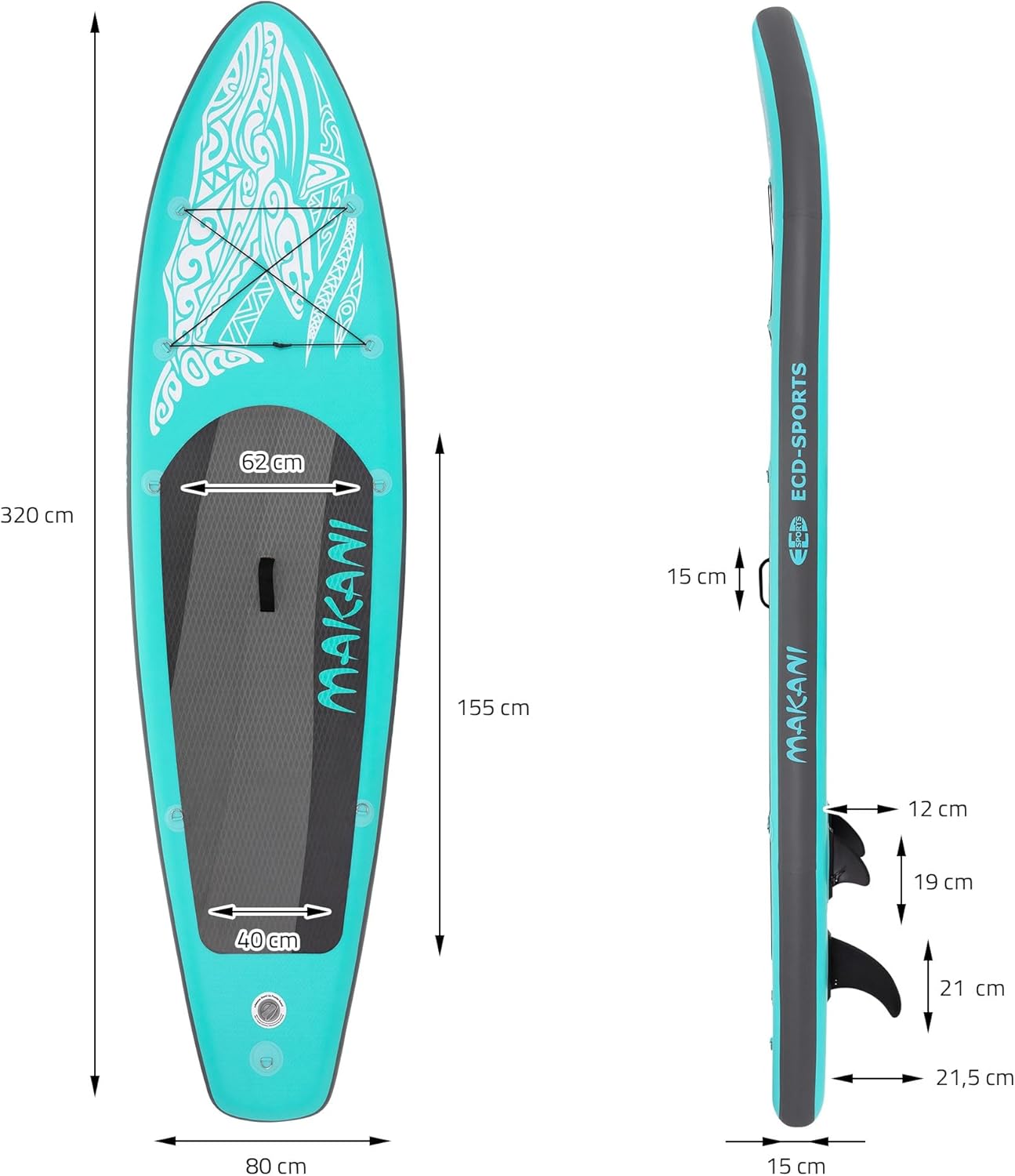 etezen - Stand Up Paddle Board - 305/308/320/380 cm - PVC, jusqu’à 150 kg, 10/15 cm, sac, pompe