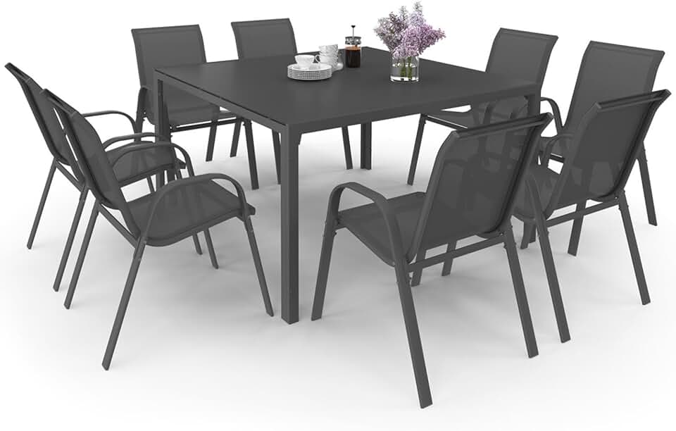 etezen - Madrid salon de jardin carré 130 cm, 8 chaises empilables, gris anthracite
