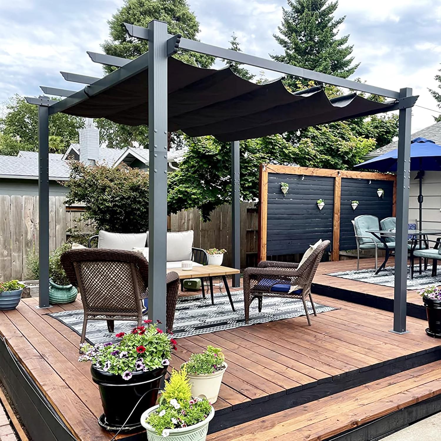 etezen - Pergola aluminium, 3,65x3m, toile coulissante, gris