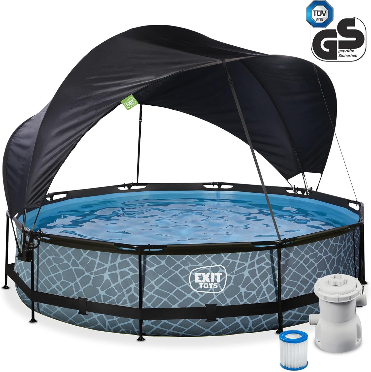 etezen Piscine Stone avec Voile d'Ombrage - ø360x76cm - Piscine Hors Sol Ronde avec Pompe Filtrante à Cartouche - Protection Optimale Contre Les Rayons UV - Entrée Basse - Design Unique - Gris