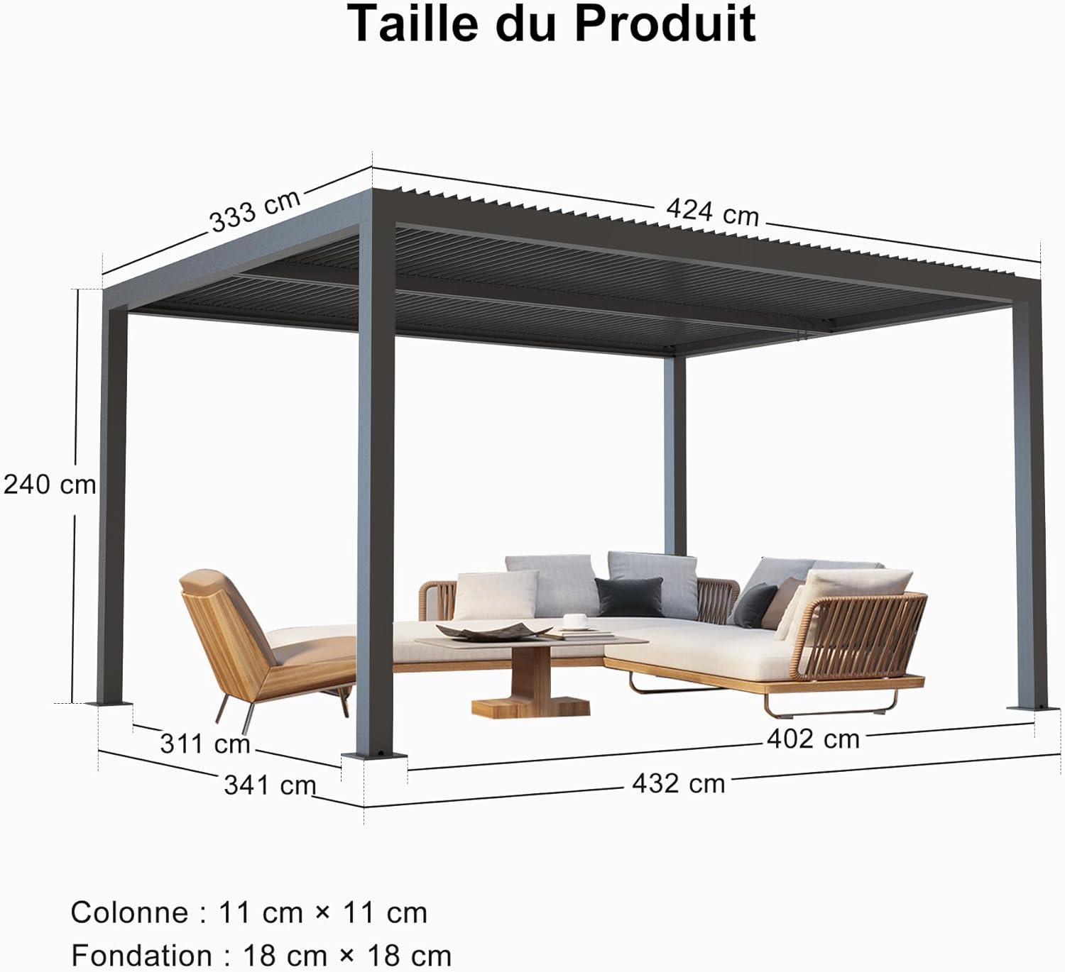 etezen - Pergola Bioclimatique - 4,24 x 3,3 m - Aluminium, lames orientables, commande indépendante, gris