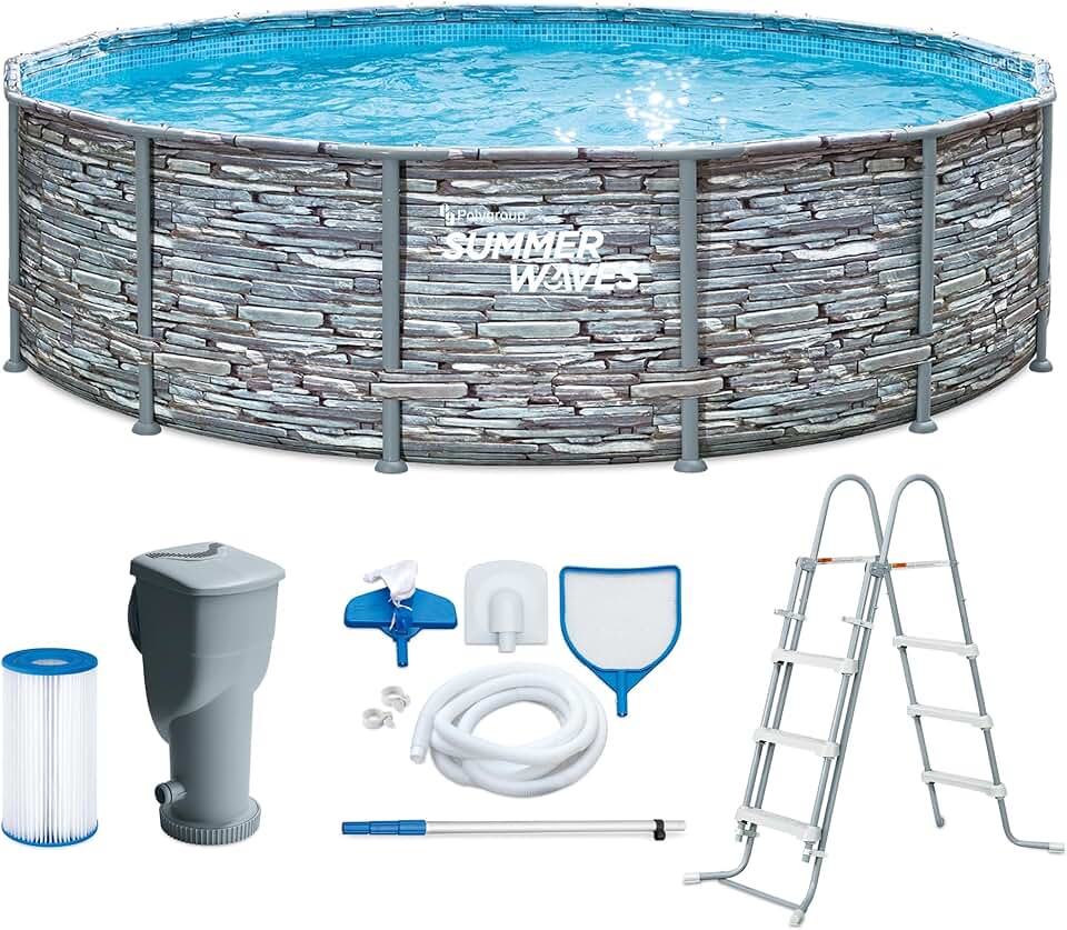 etezen - Frame Pool Kit rond - 427x107 cm - aspect pierre grise, pompe à filtre