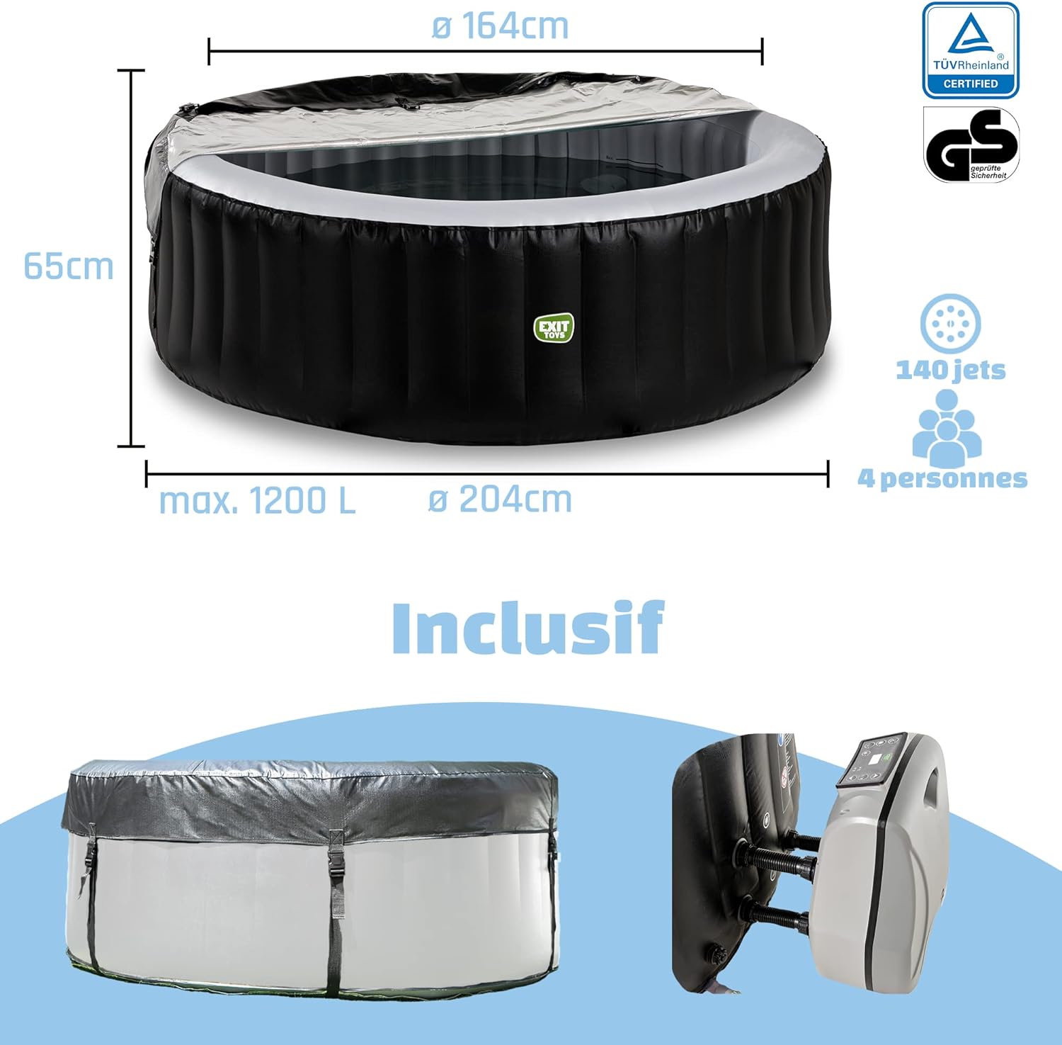 etezen - Silver Classic Spa - 204x65cm - 4 places, chauffage, 140 jets d'air, filtration