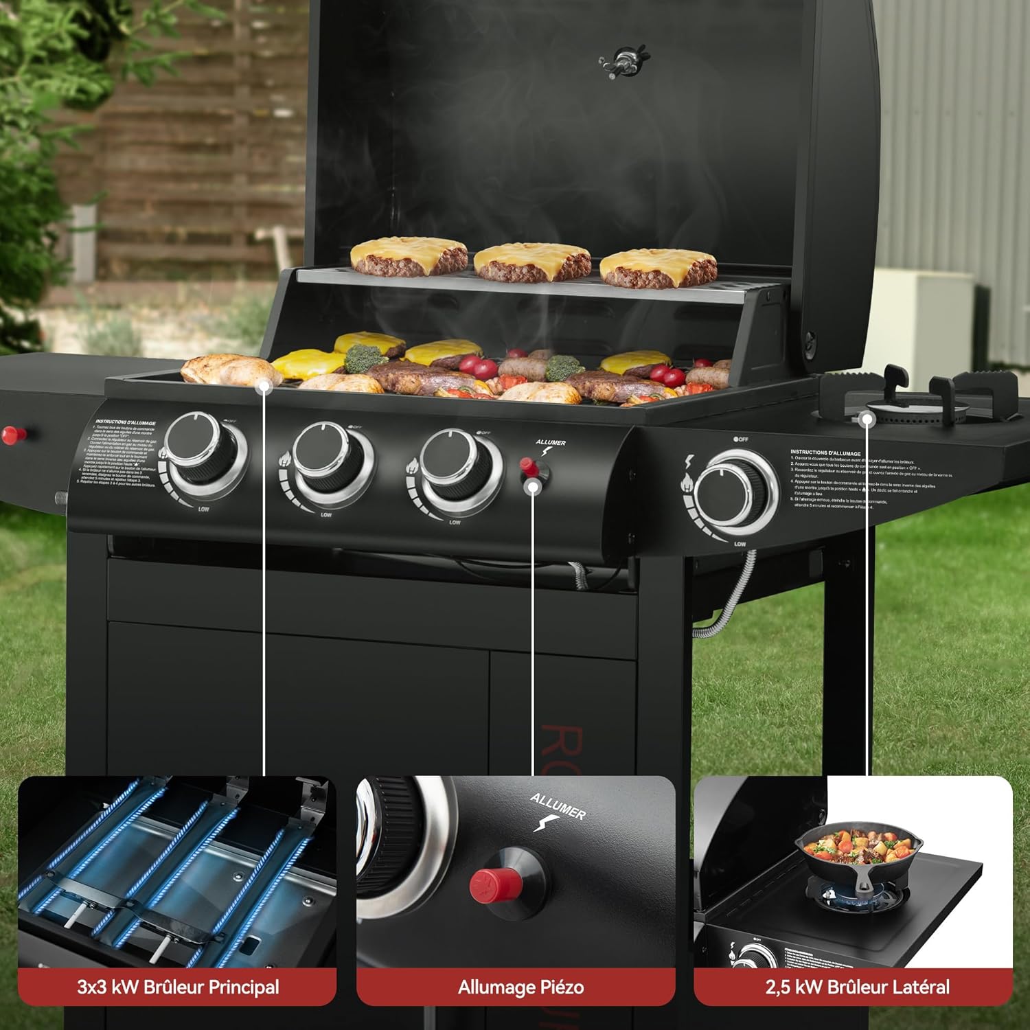 etezen - barbecue gaz 3+1 brûleurs inox - 11,5 kW - chariot, 2 roues, thermomètre