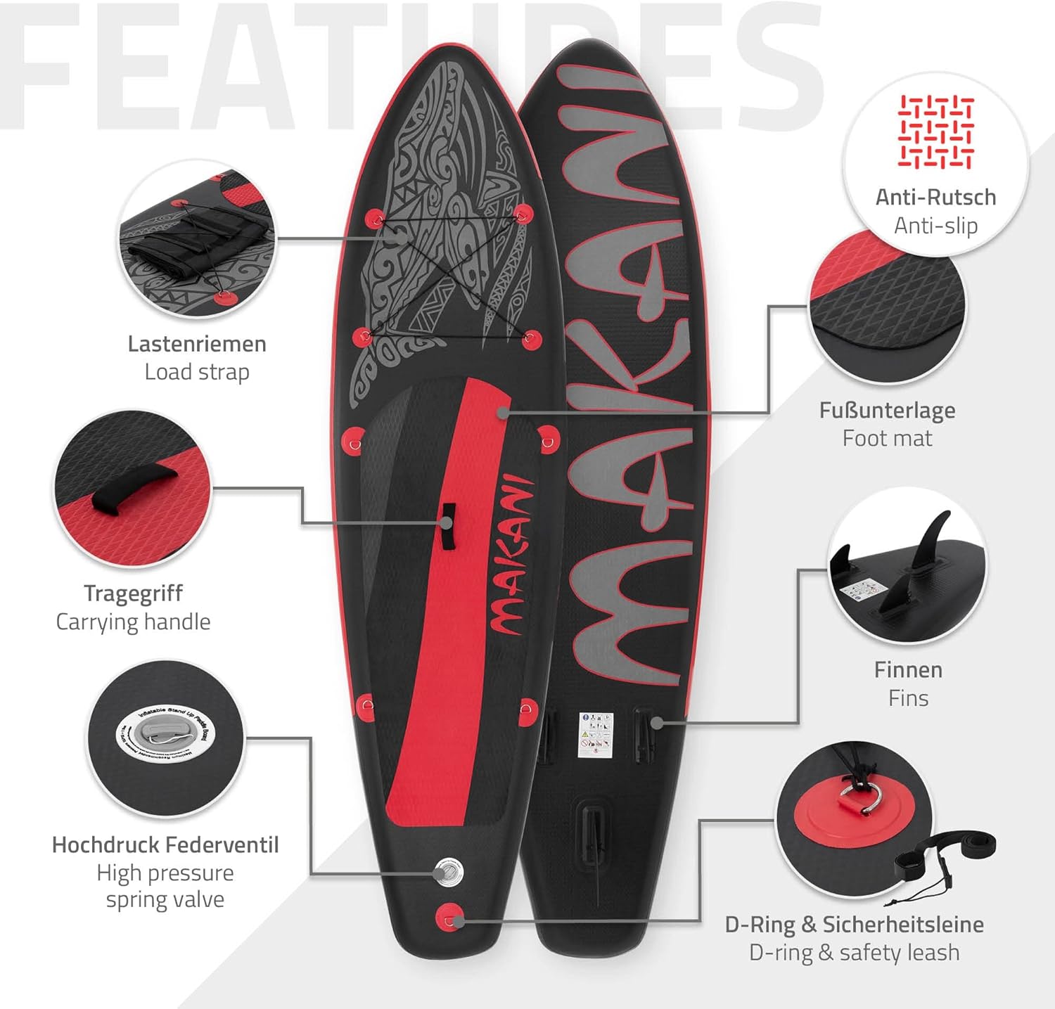 etezen - Stand Up Paddle Board - 305/308/320/380 cm - PVC, 120/150 kg, 10/15 cm d'épaisseur