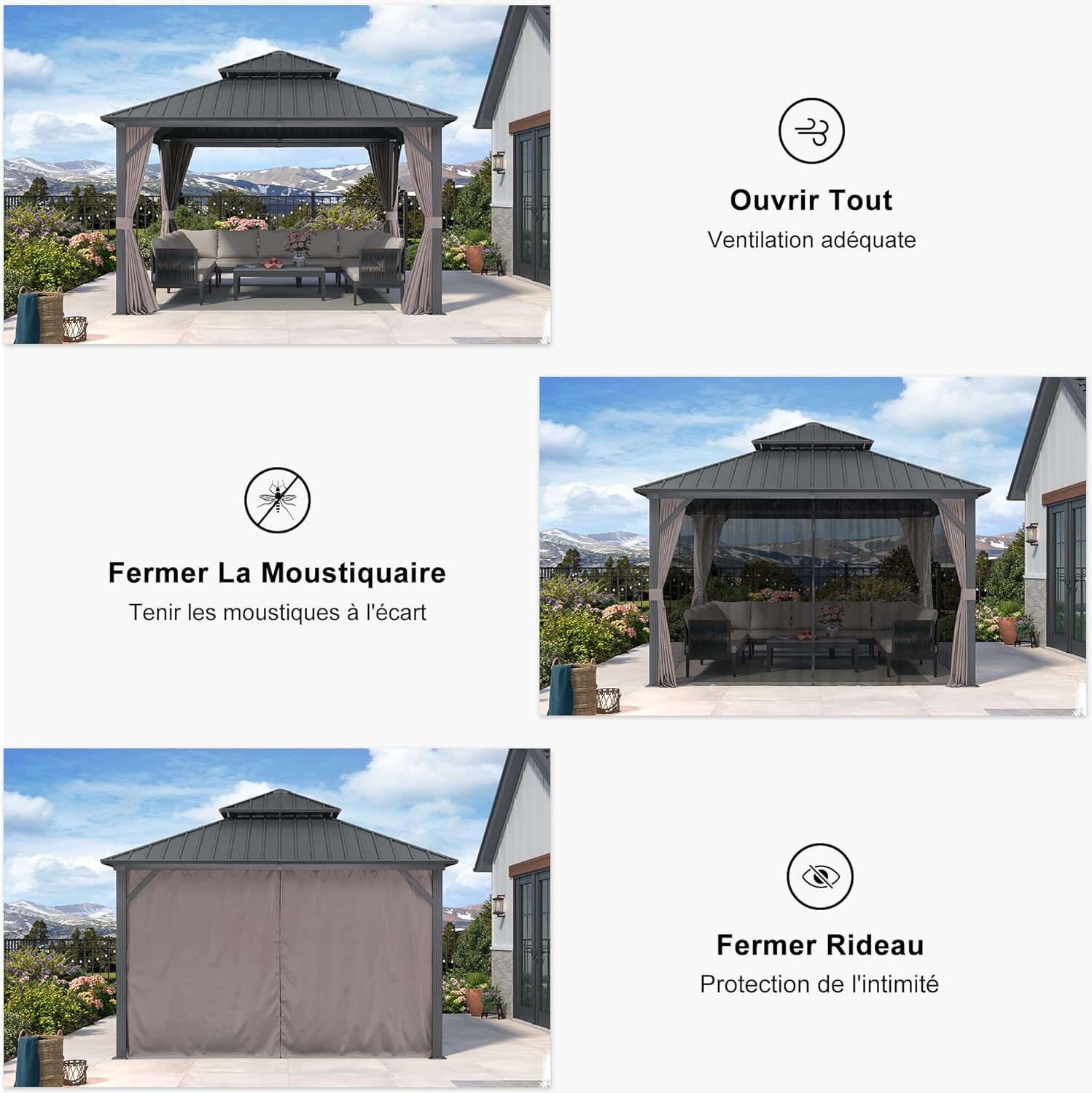 etezen Tonnelle de Jardin Extérieur 3,65 x 3,65 m avec Guirlande Lumineuse, Pavillon Aluminium à Double Toit en Acier Galvanisé, Pergola Jardin Extérieur avec Rideaux pour Fête, Barbecue, Gris