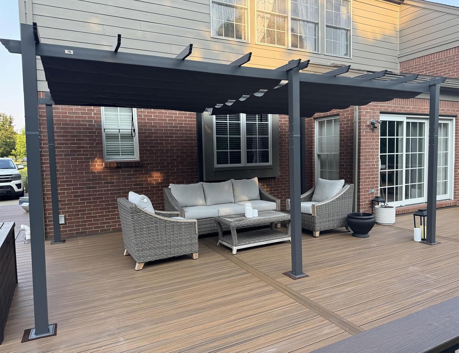 etezen - Pergola Aluminium - 5,5 x 3,5 m - Toit coulissant, tissu teint en fil, gris